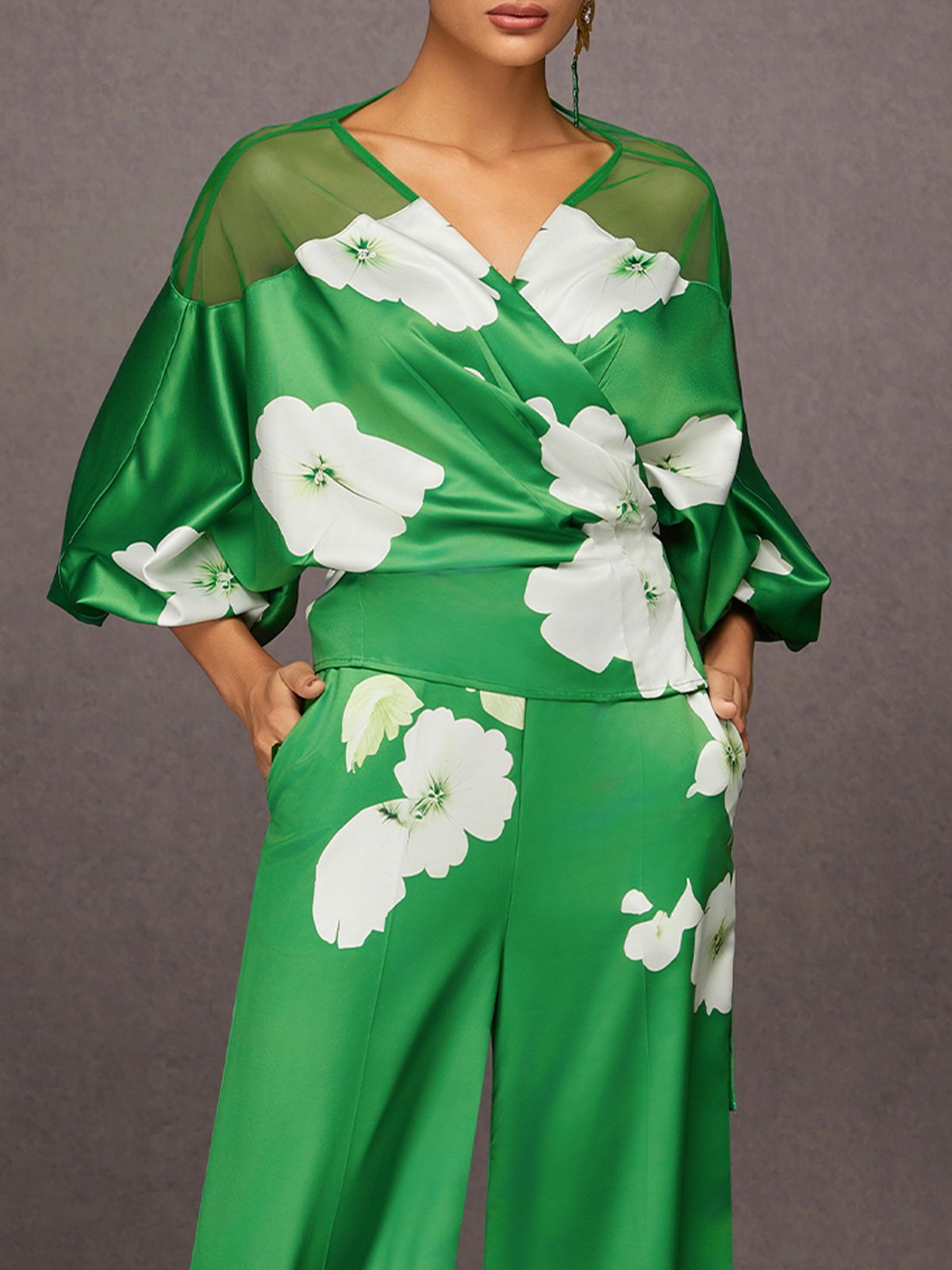 Elegant Geblümt Print V-Ausschnitt Raglanärmel Bluse