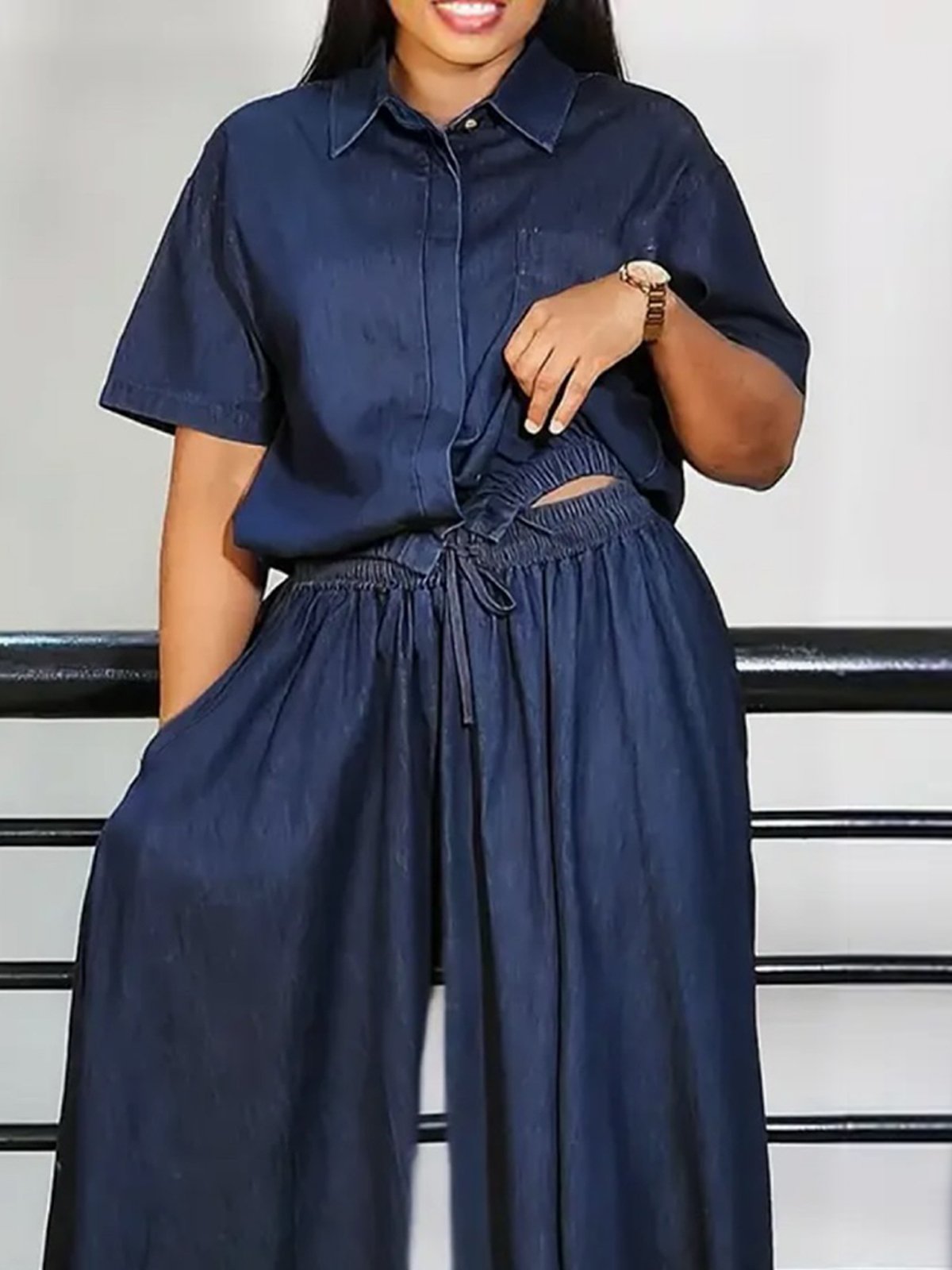 Lässig Unifarben Hemdkragen Denim-Imitat Bluse