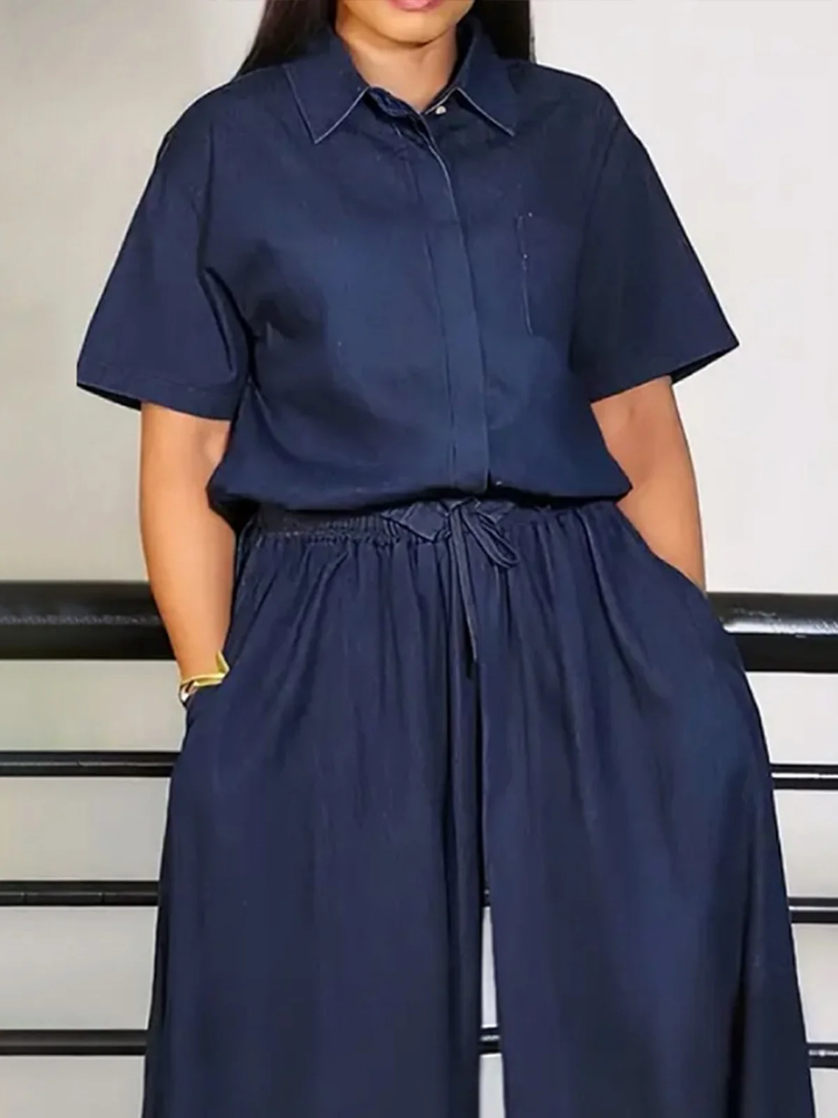 Lässig Unifarben Hemdkragen Denim-Imitat Bluse