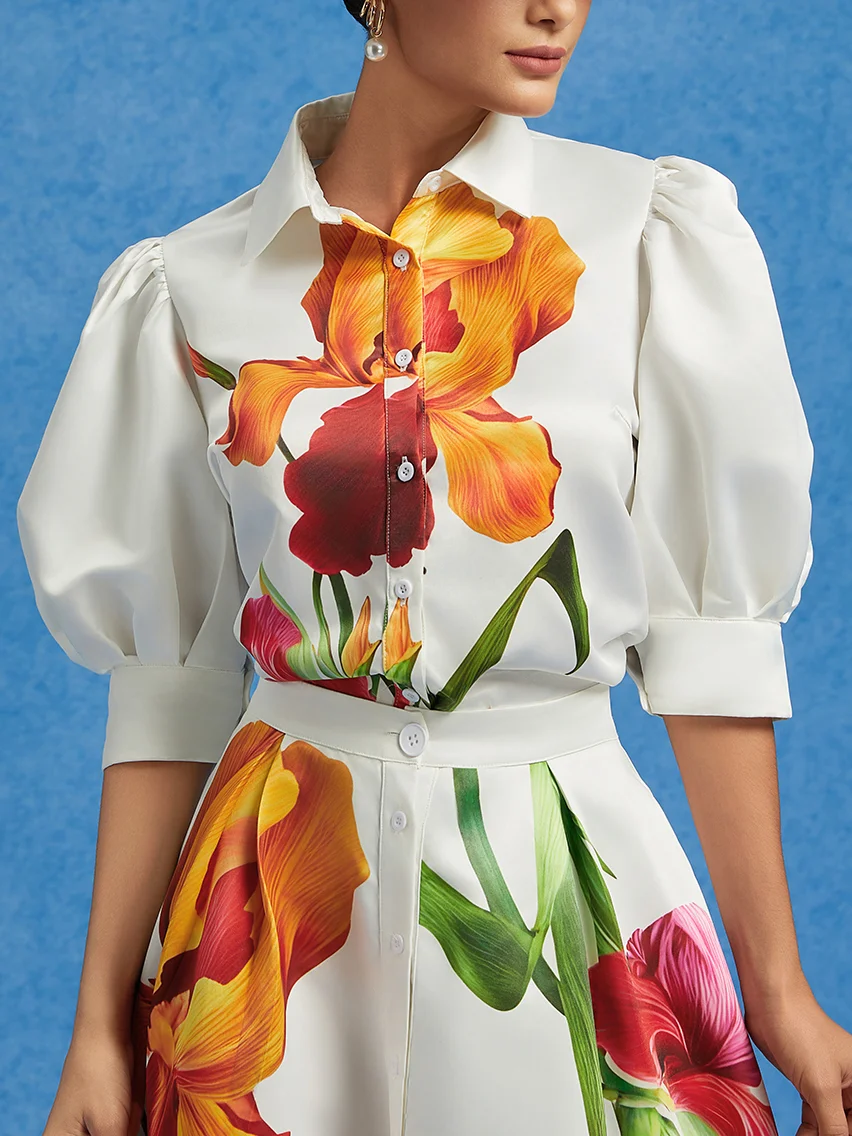 Elegant Geblümt Hemdkragen Ballon-Ärmel Bluse