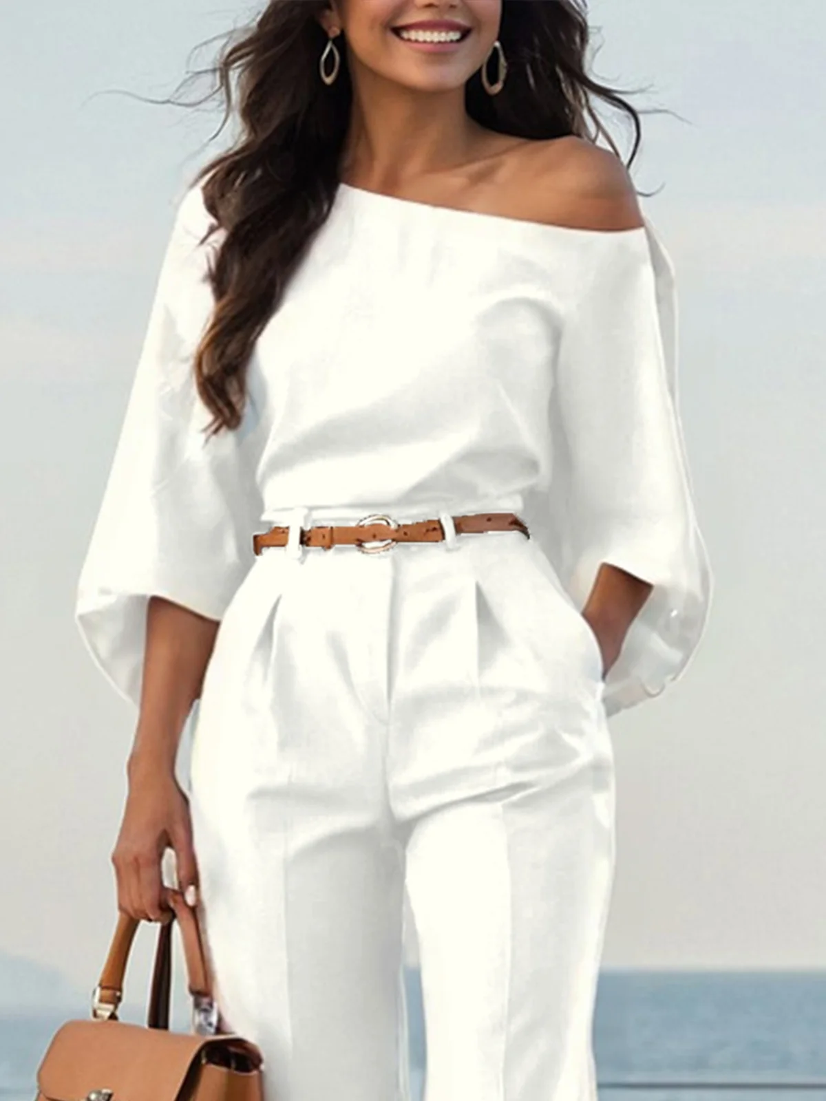 Urban Unifarben Irregulär Handwerkskunst Carmen Ballon-Ärmel Bluse