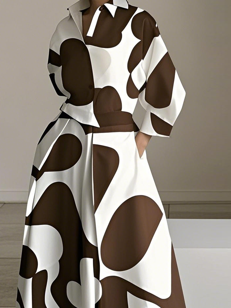 Urban Farbblock Print Hemdkragen Midikleid mit Gürtel