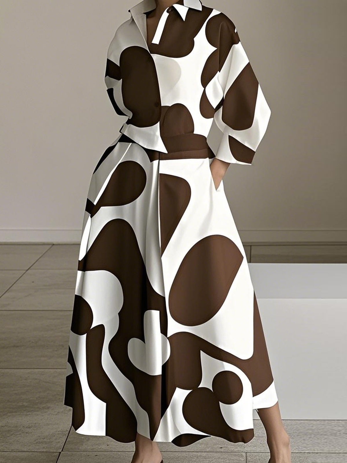 Urban Farbblock Print Hemdkragen Midikleid mit Gürtel