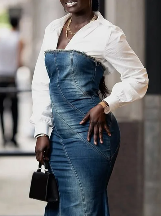 Urban Unifarben Beunruhigend Trägerlos Denim Maxikleid Mit Nein Bluse