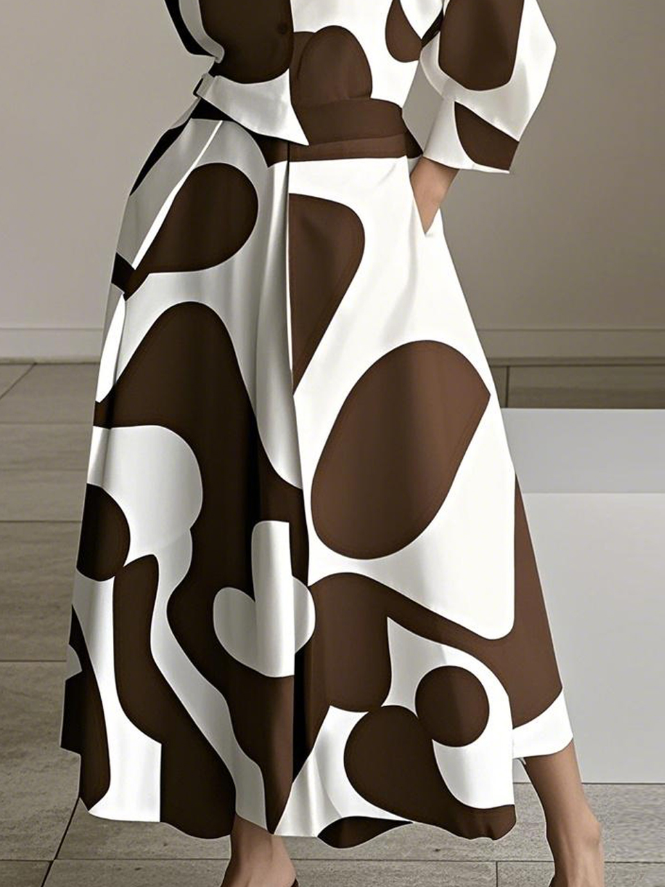 Urban Farbblock Print Hemdkragen Midikleid mit Gürtel