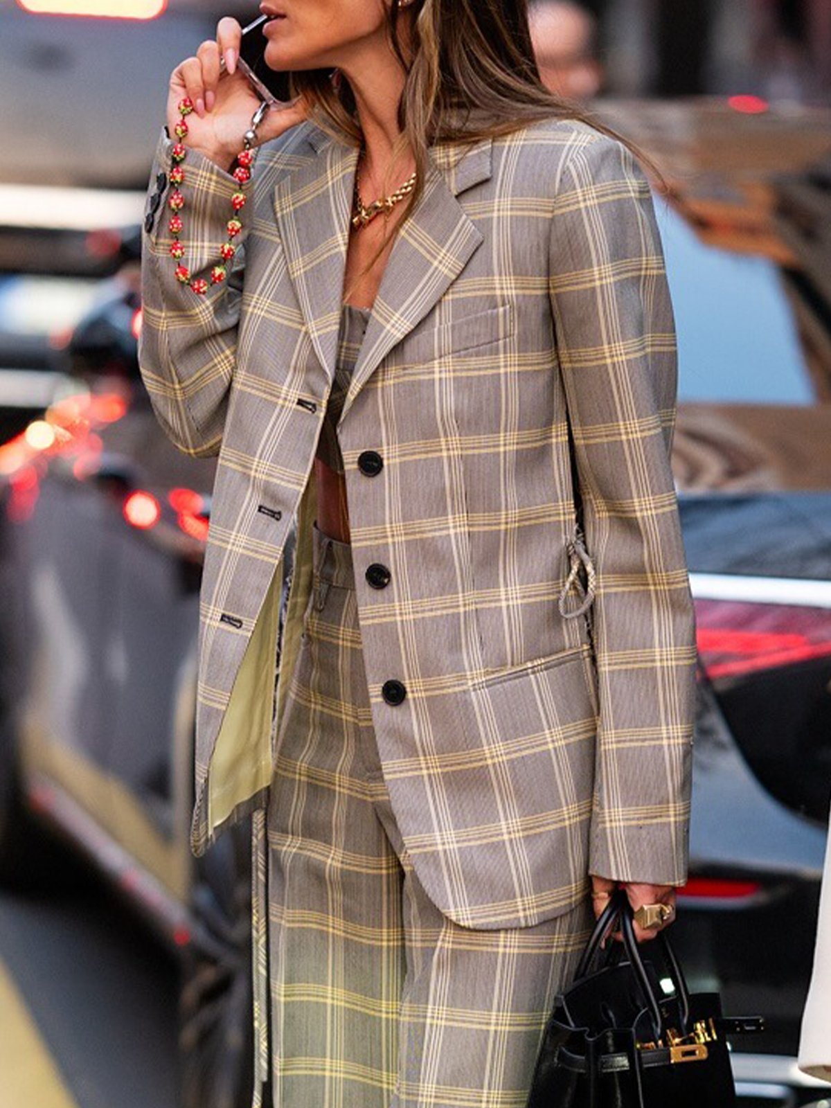 Urban  Print Kariert Reverskragen Blazer mit Gürtel