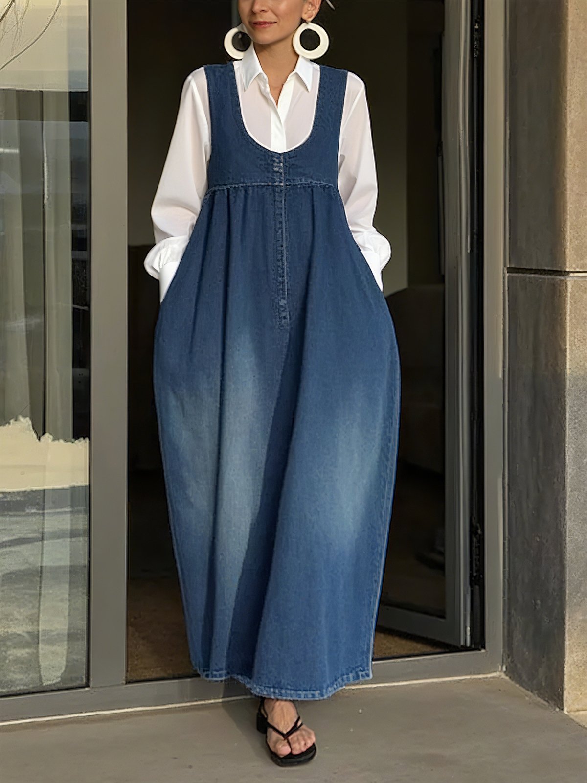 Lässig Unifarben Beunruhigend U-Ausschnitt Denim Maxikleid