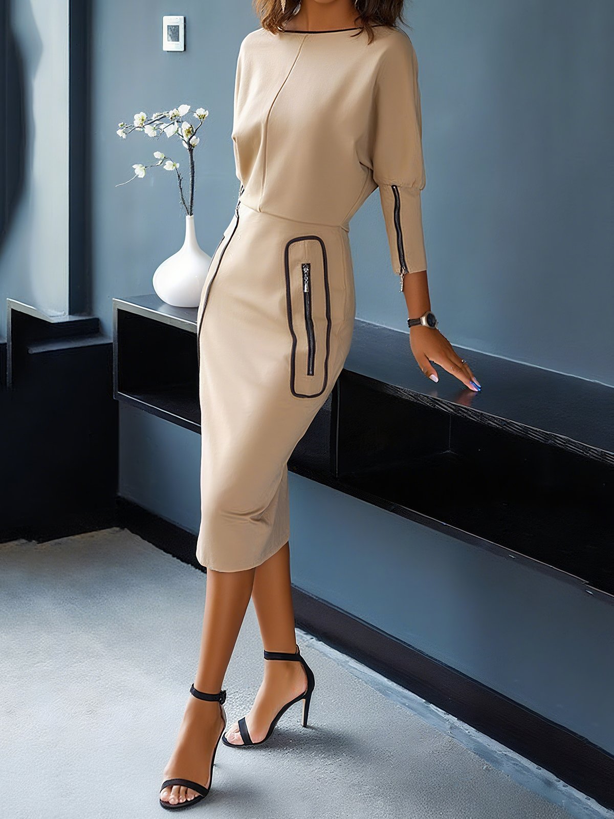 Urban Unifarben Rundhals Midikleid