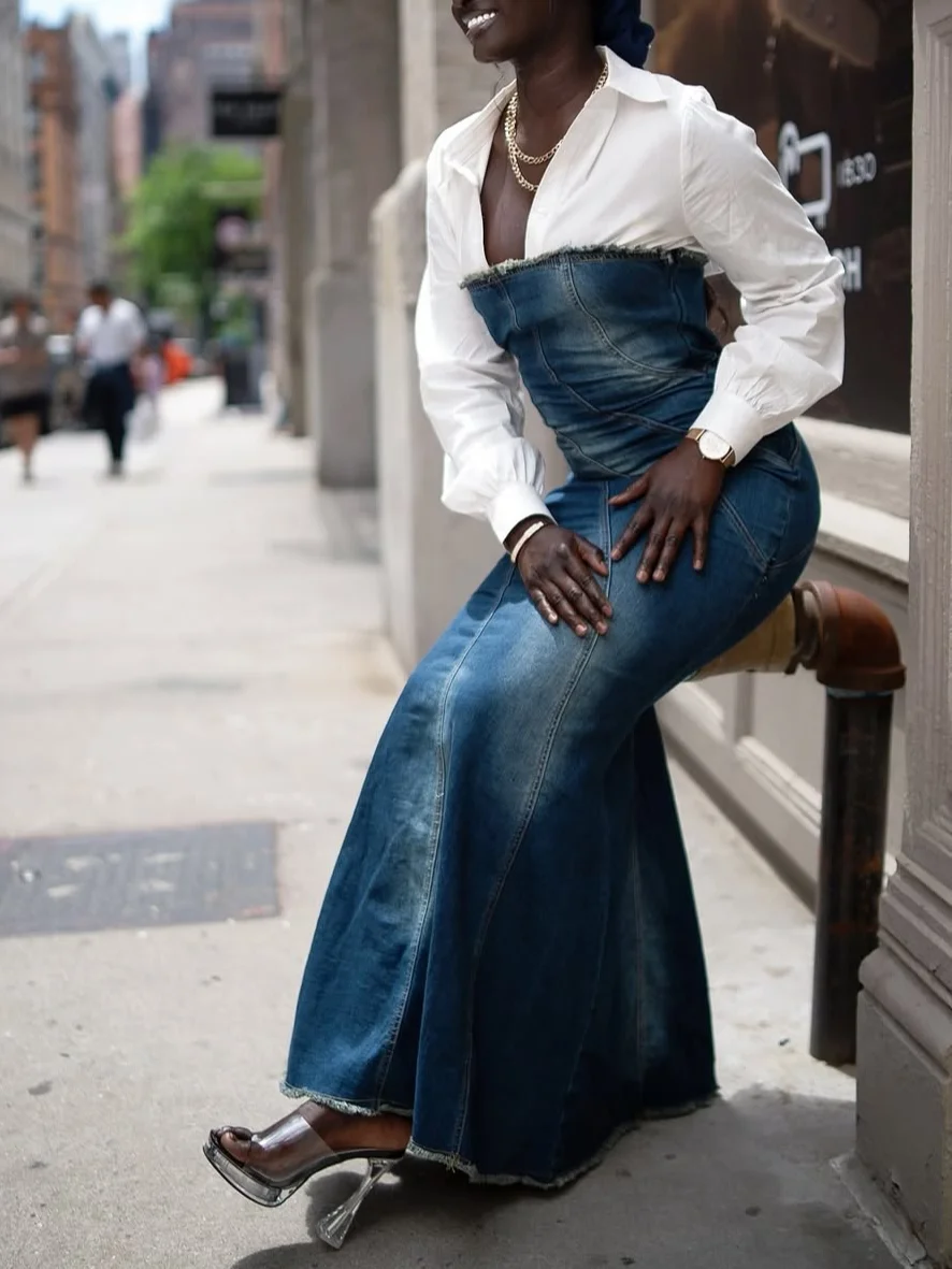 Urban Unifarben Beunruhigend Trägerlos Denim Maxikleid Mit Nein Bluse