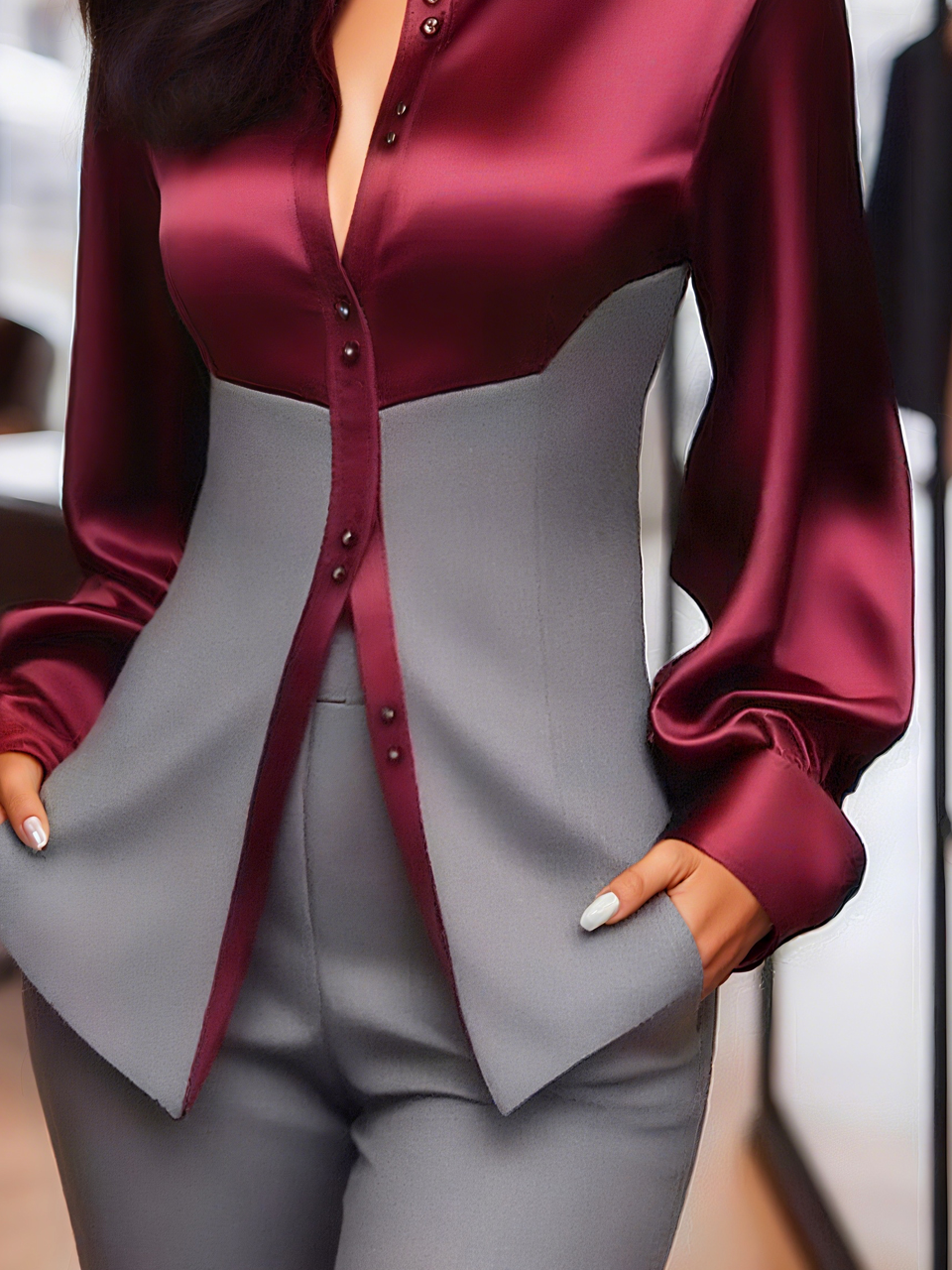 Satin Urban Farbblock Nahtverarbeitung Bluse