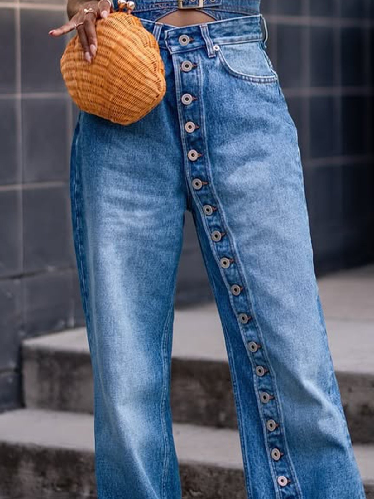 Schnalle Lässig Denim Glatt Jeans