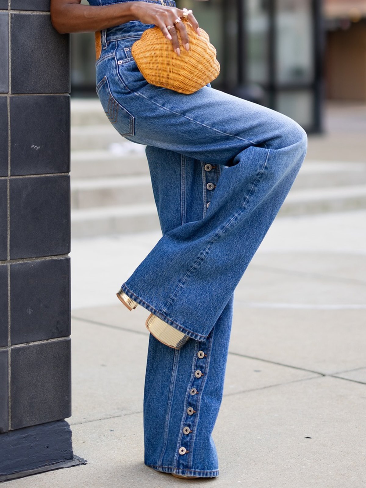 Schnalle Lässig Denim Glatt Jeans