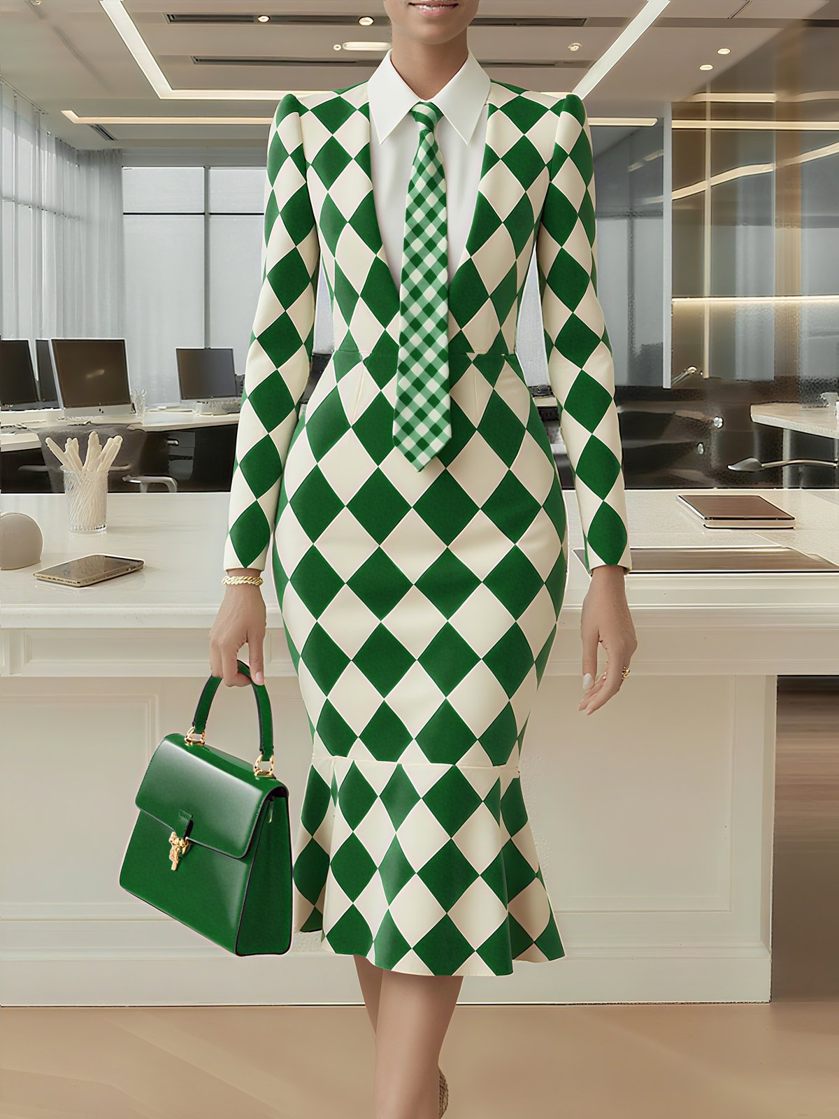 Urban Unifarben Geknöpft Hemdkragen Midikleid Mit Krawatte