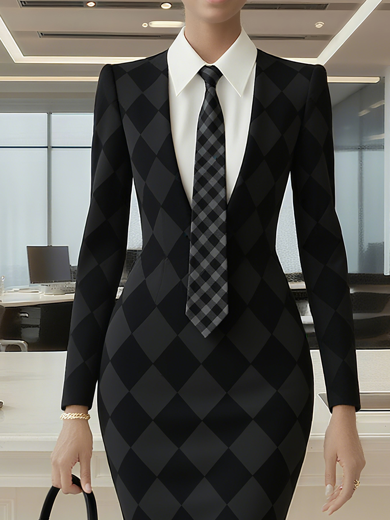 Urban Unifarben Geknöpft Hemdkragen Midikleid Mit Krawatte