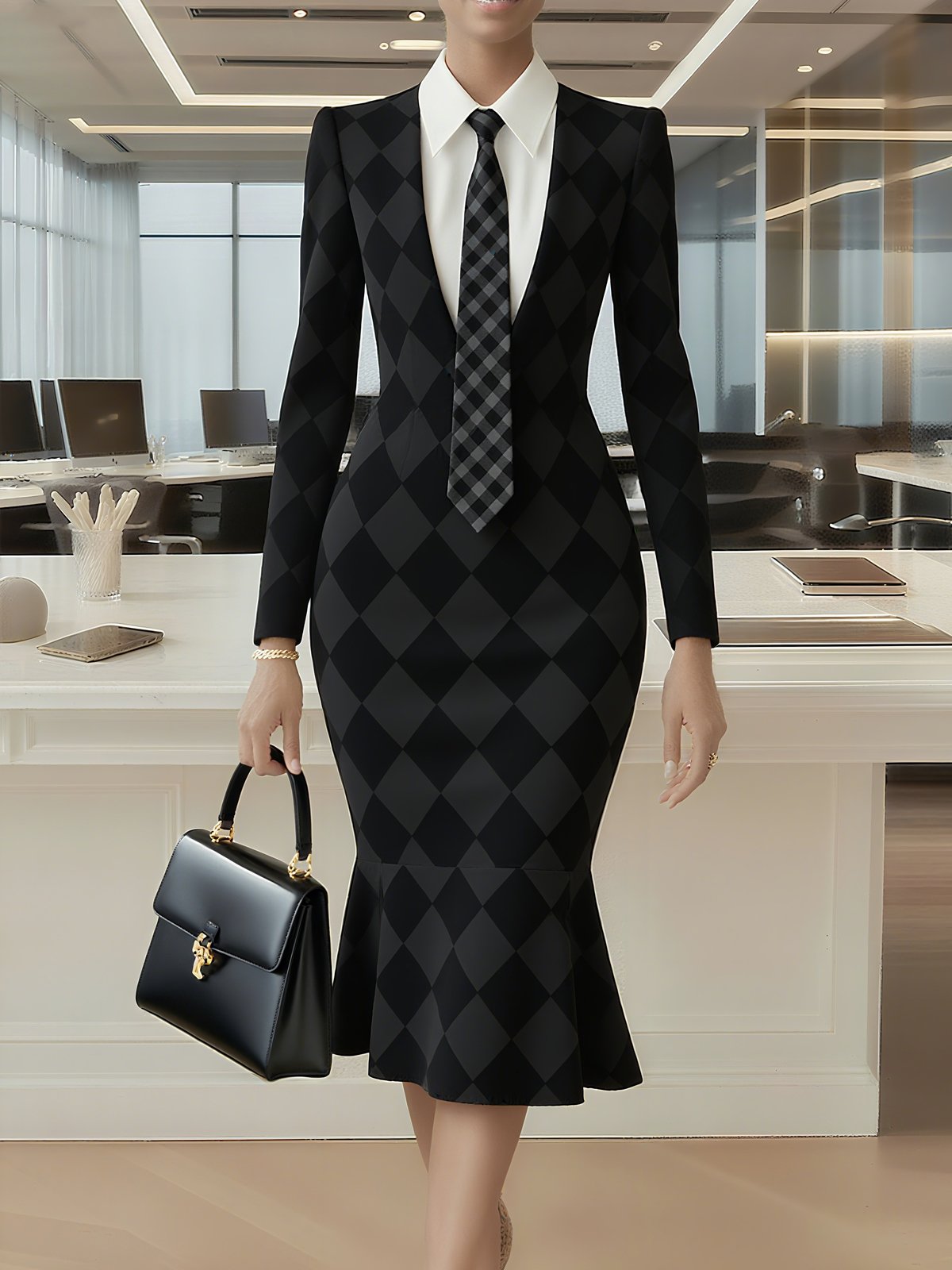 Urban Unifarben Geknöpft Hemdkragen Midikleid Mit Krawatte