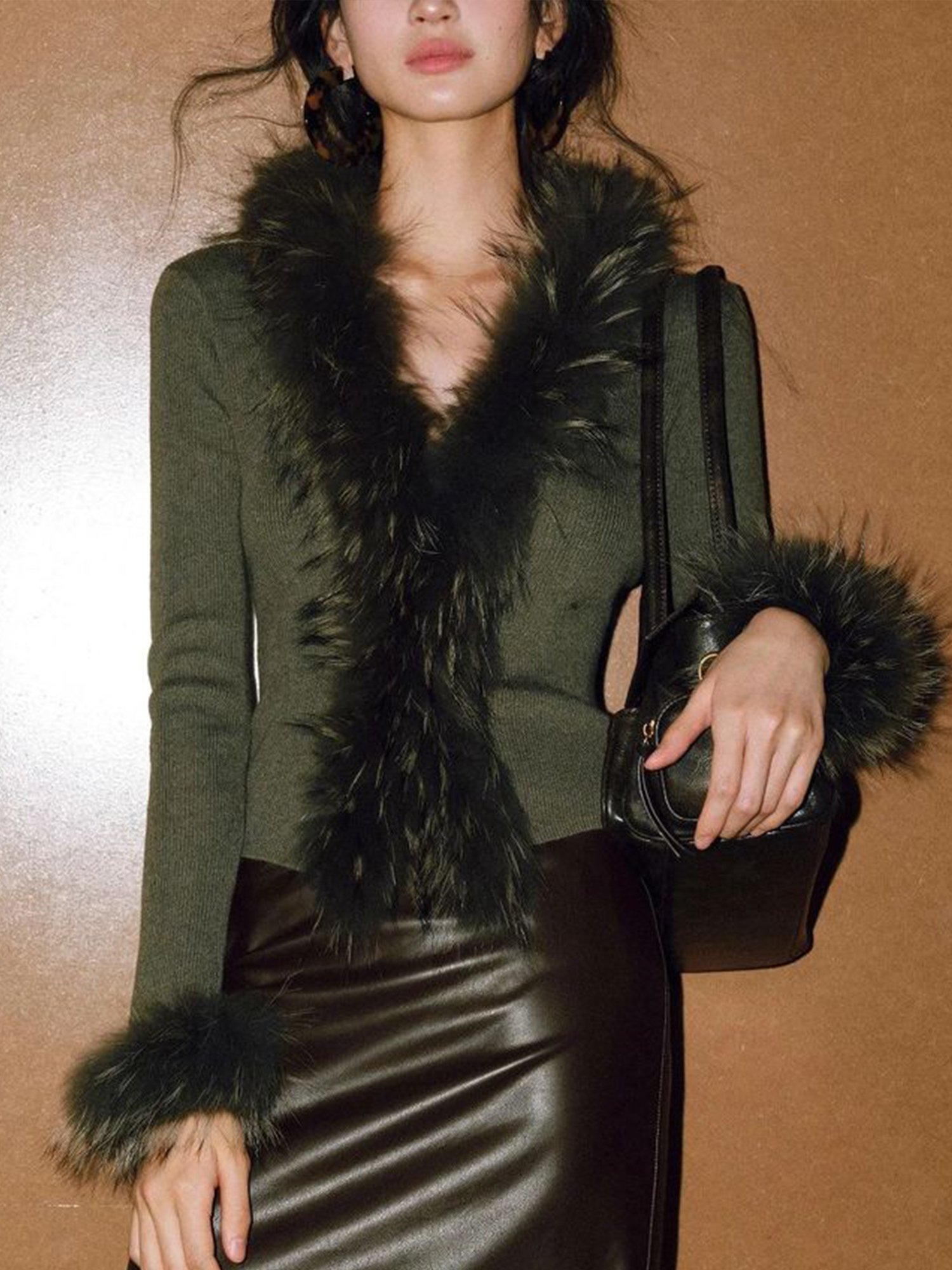 Elegant Unifarben Pelzkragen V-Ausschnitt Pullover