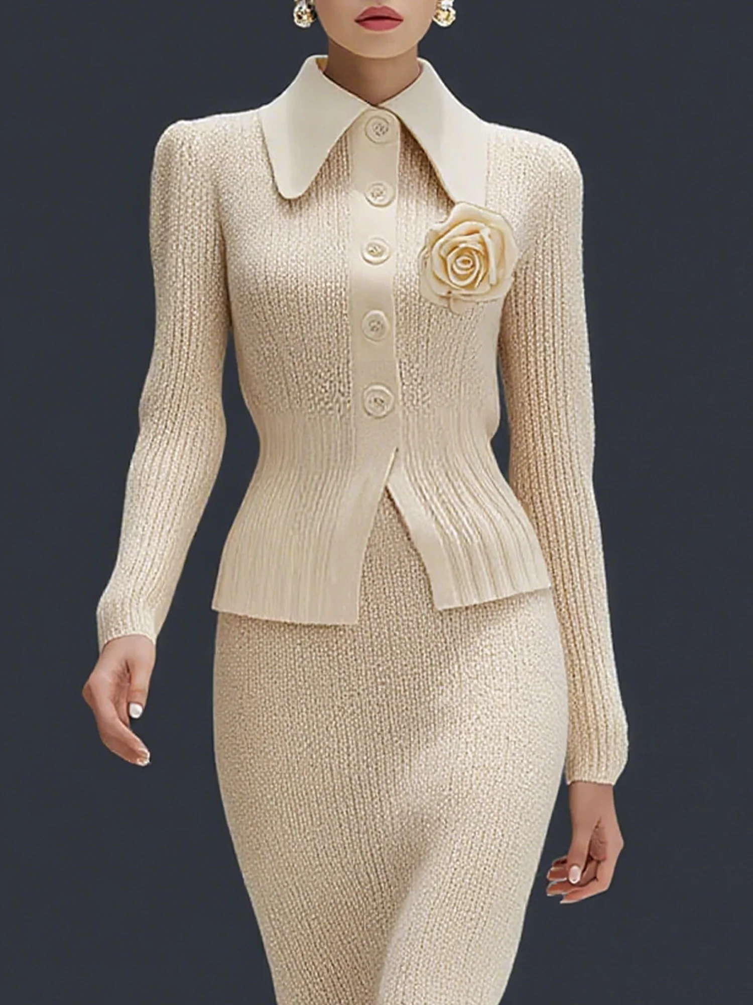 Urban Unifarben 3D Blumen Hemdkragen Strickjacke