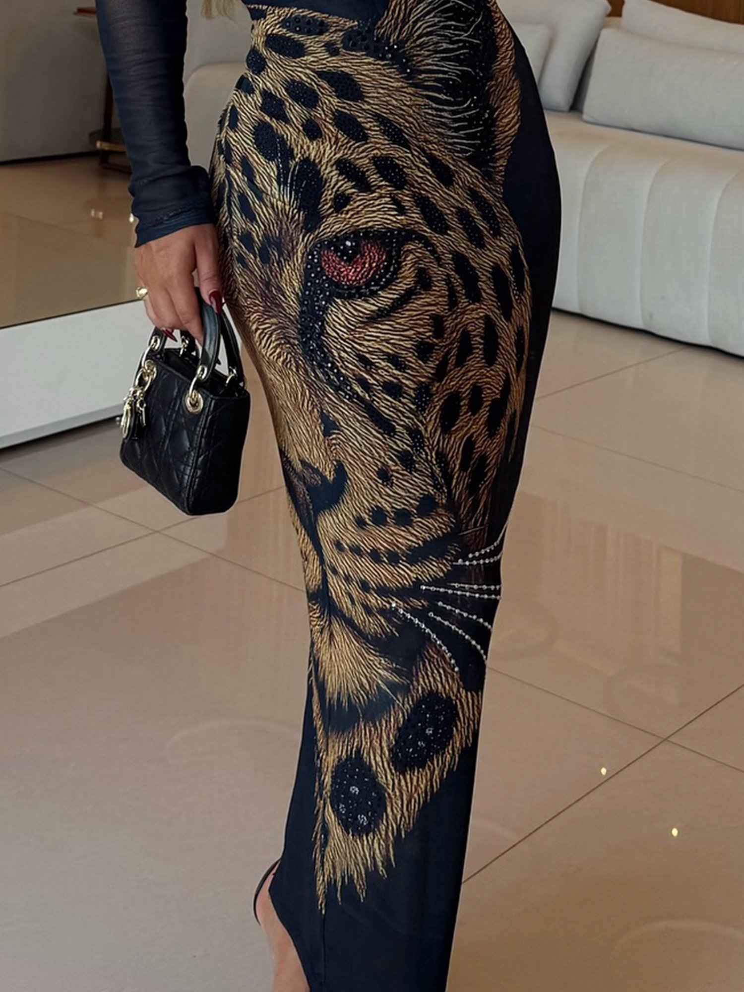 Elegant Tiger Print Stehkragen Maxikleid