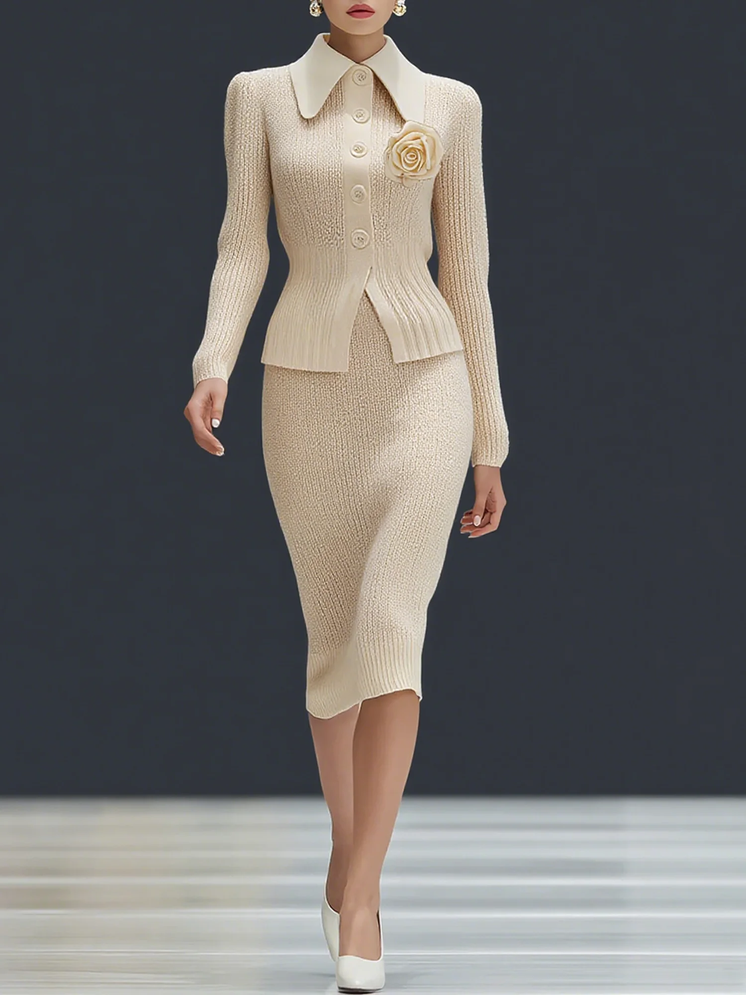 Urban Unifarben 3D Blumen Hemdkragen Strickjacke