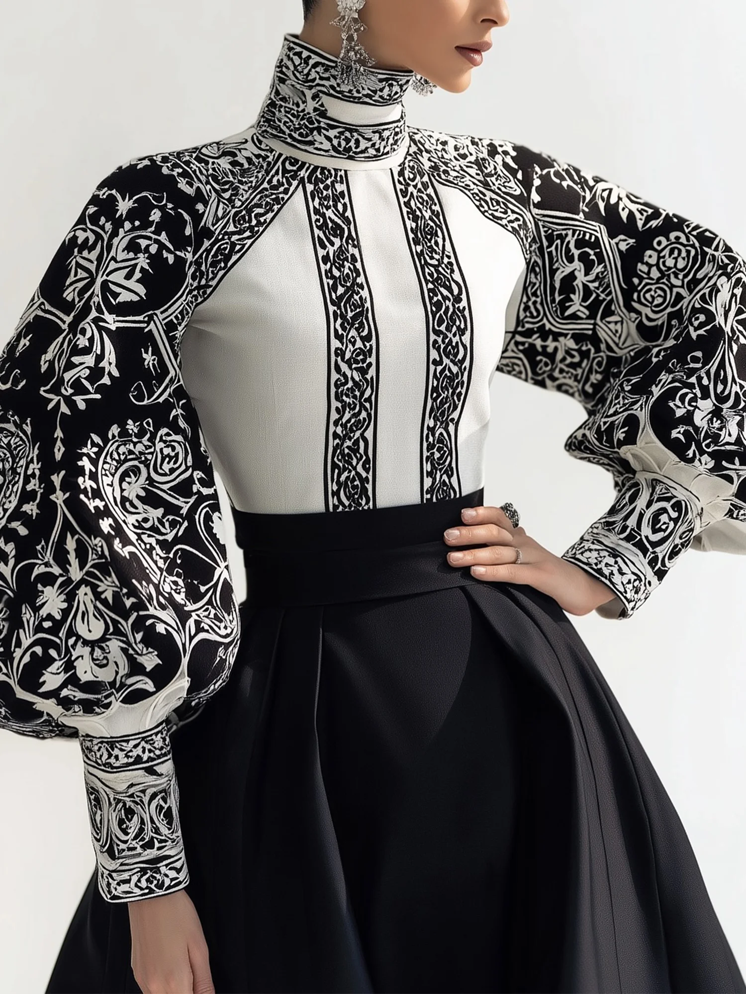 Urban Zufälliger Druck Print Rollkragen Ballon-Ärmel Bluse