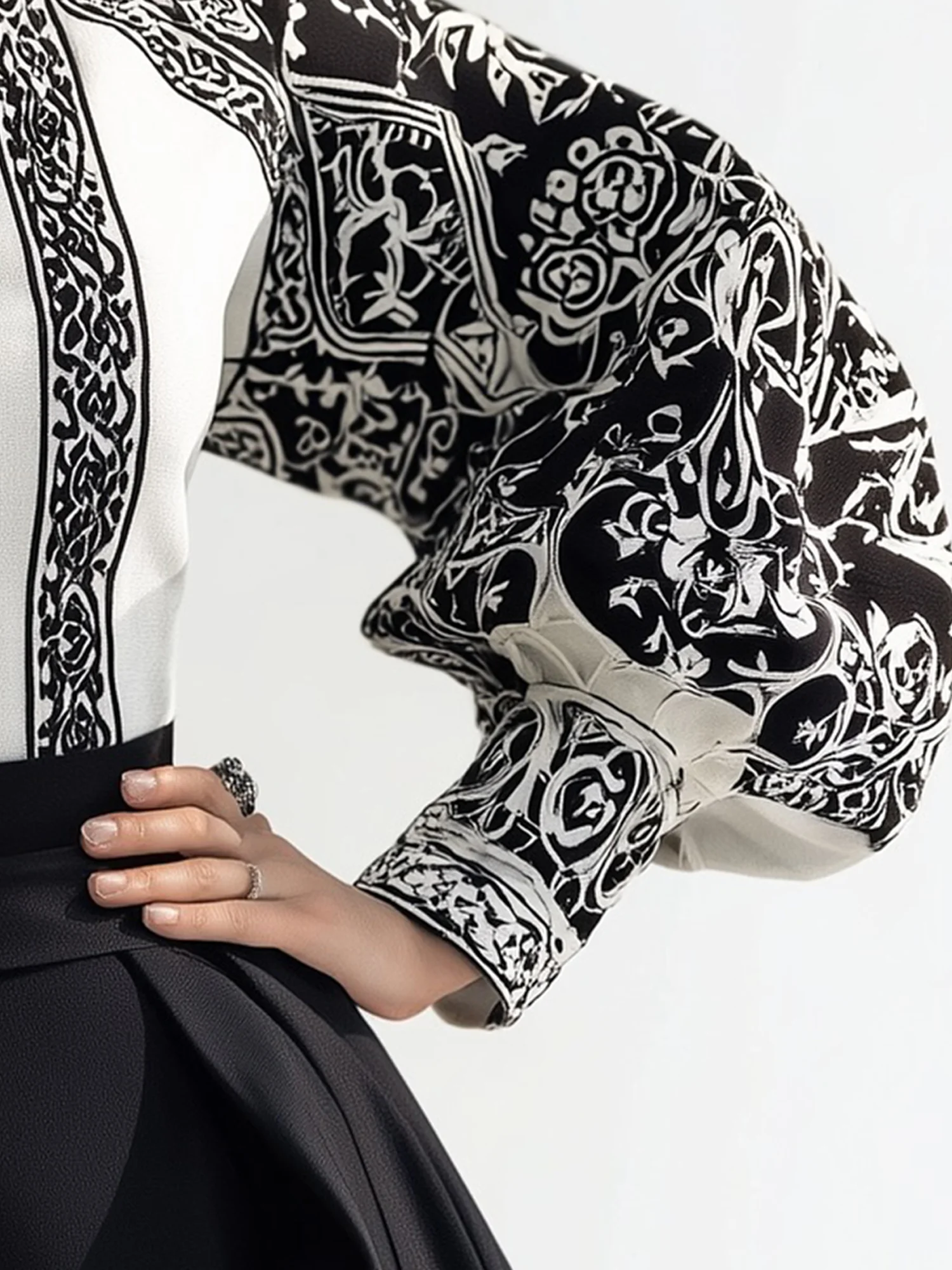 Urban Zufälliger Druck Print Rollkragen Ballon-Ärmel Bluse