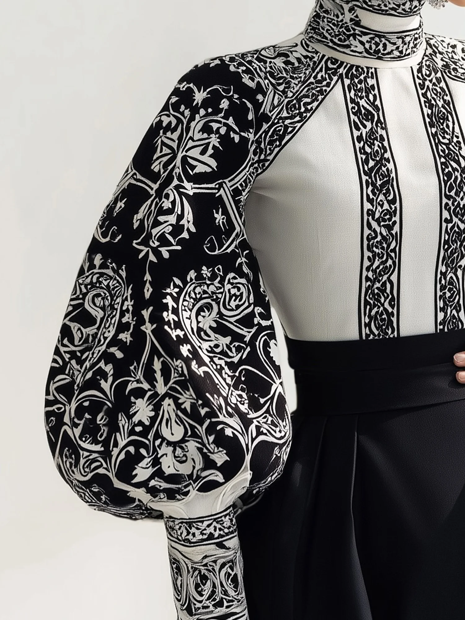 Urban Zufälliger Druck Print Rollkragen Ballon-Ärmel Bluse