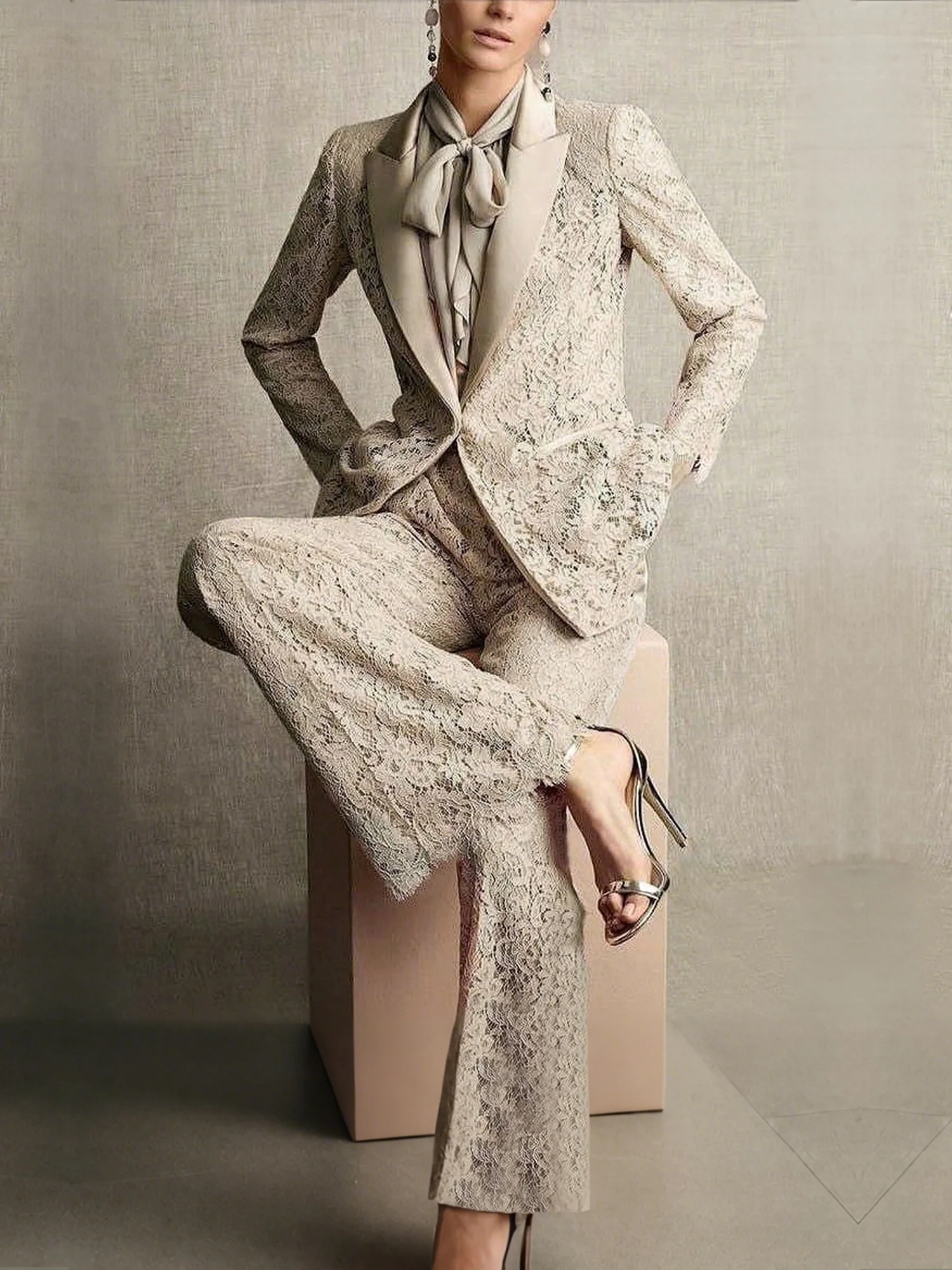 Elegant  Spitze Unifarben Reverskragen Blazer