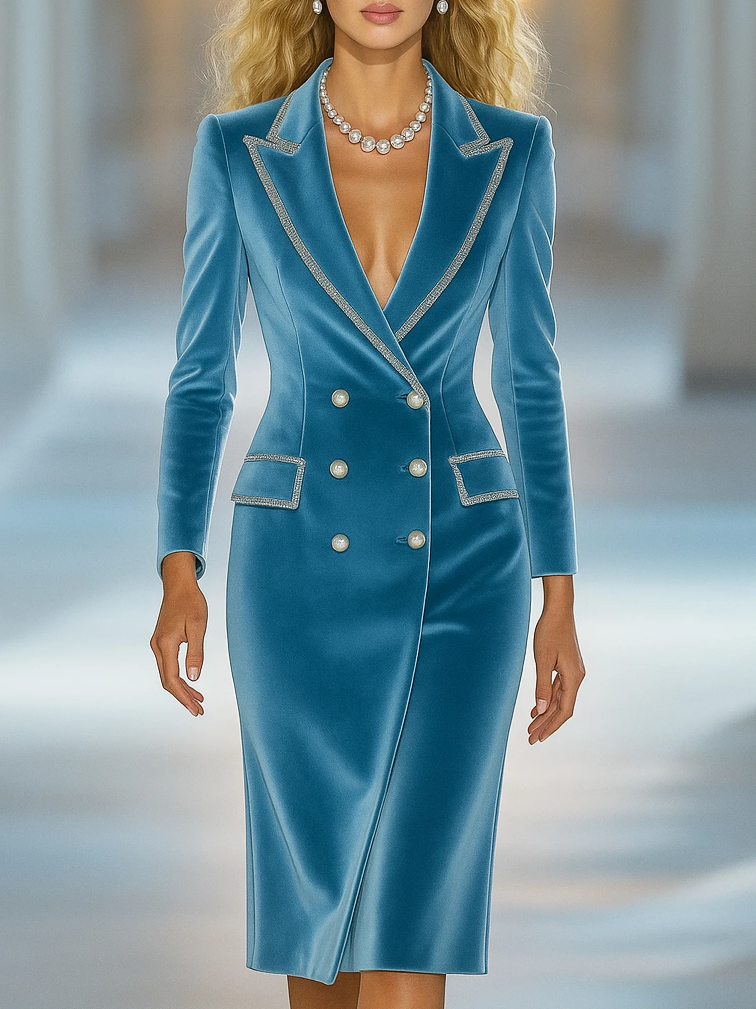 Elegant Unifarben Samt Bindung Reverskragen Blazerkleid