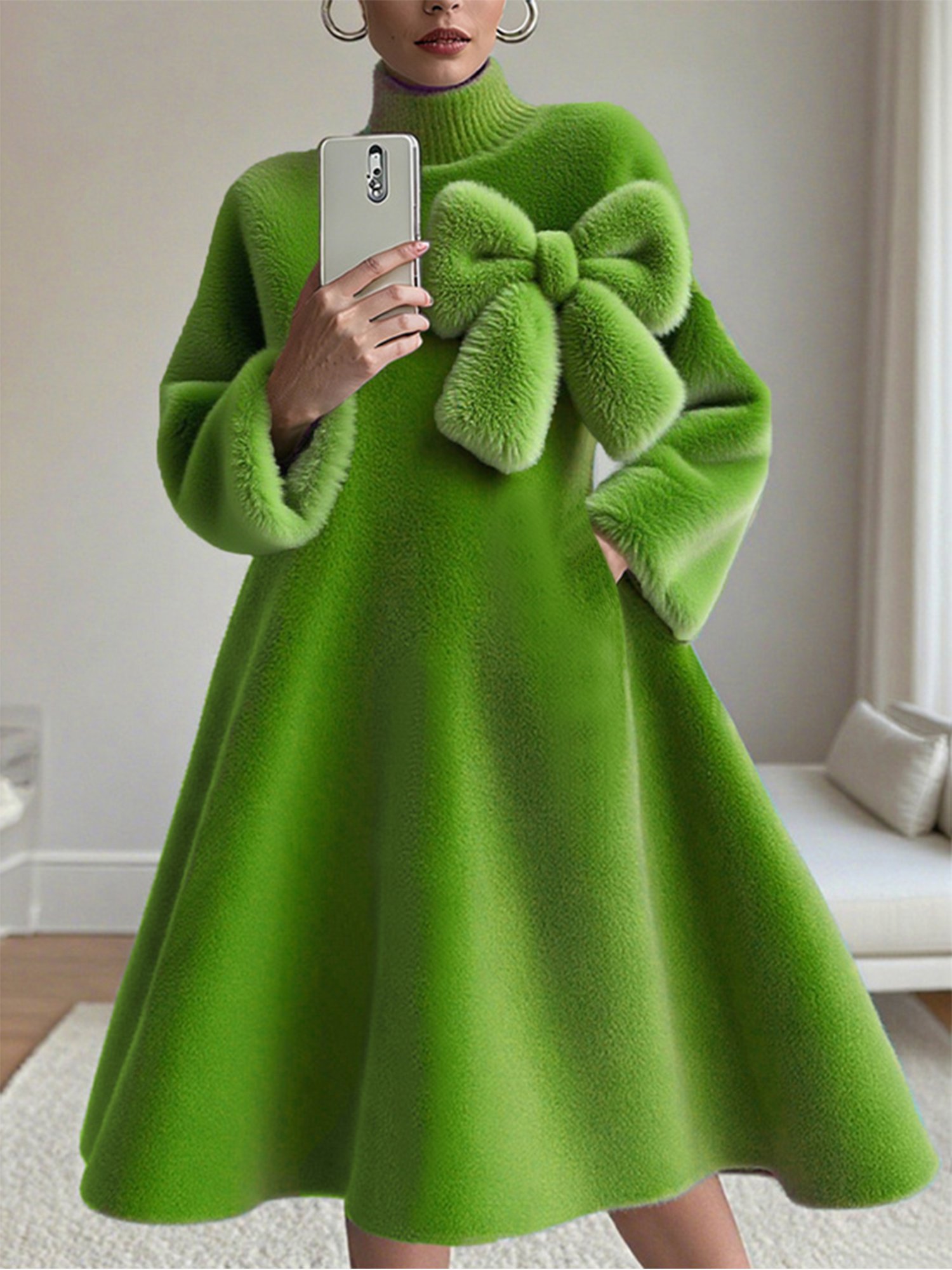 Lässig Unifarben Rollkragen Knielänge Kleid mit Schleife Brosche