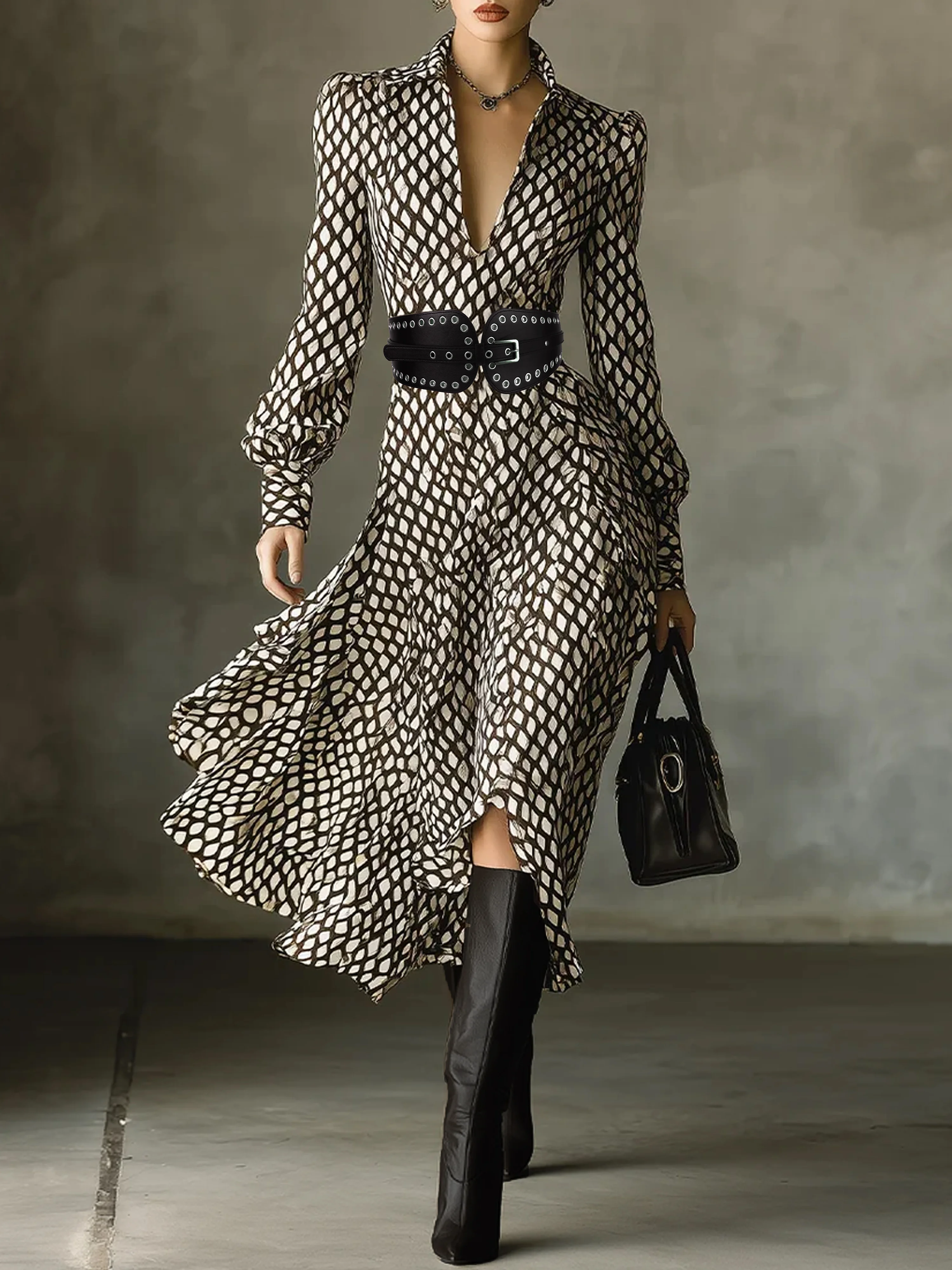 Urban Kariert Ballon Midikleid mit Gürtel