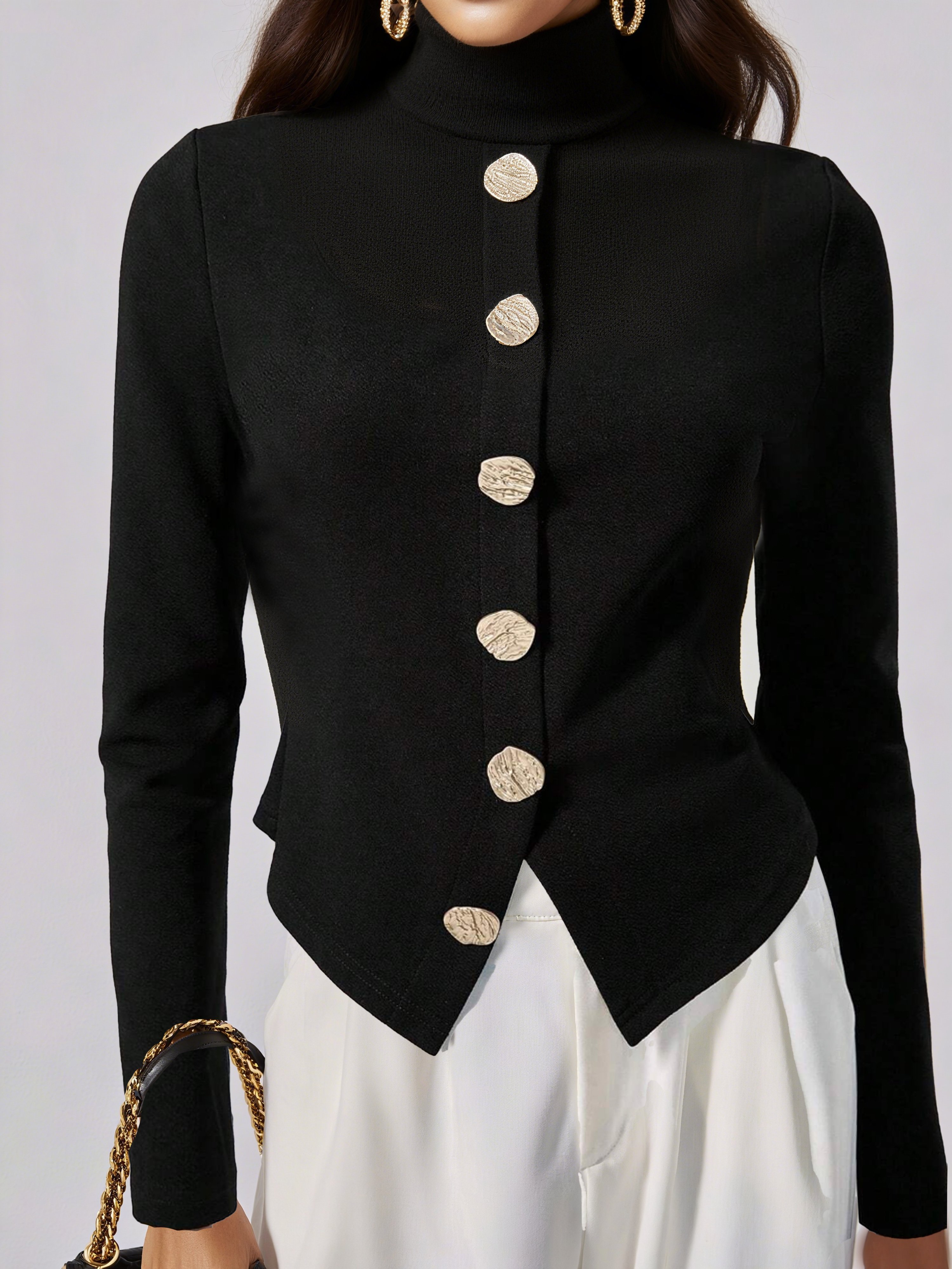 Jersey Urban Unifarben Geknöpft Rollkragen T-Shirt