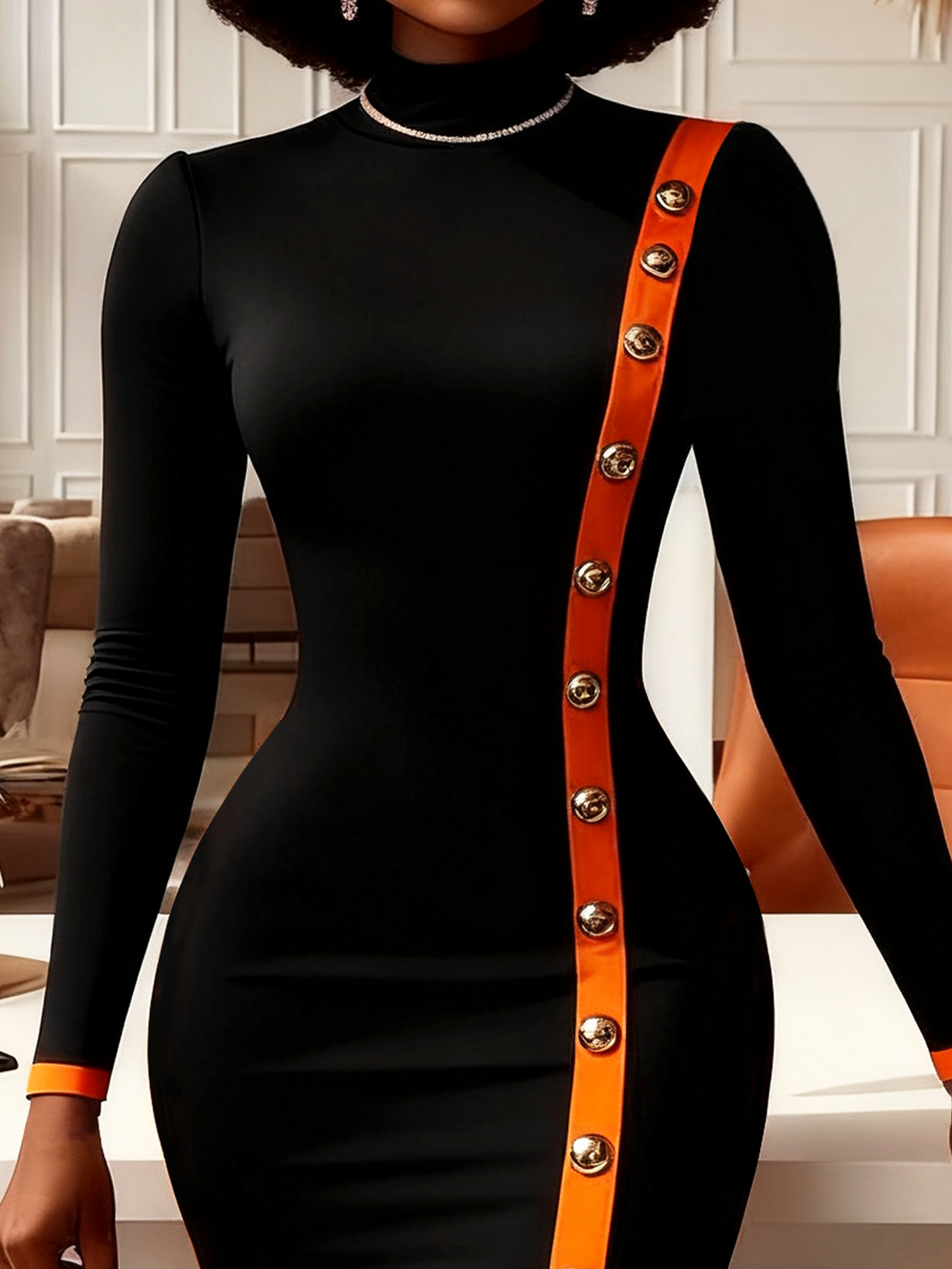 Elegant Farbblock Stehkragen Midikleid