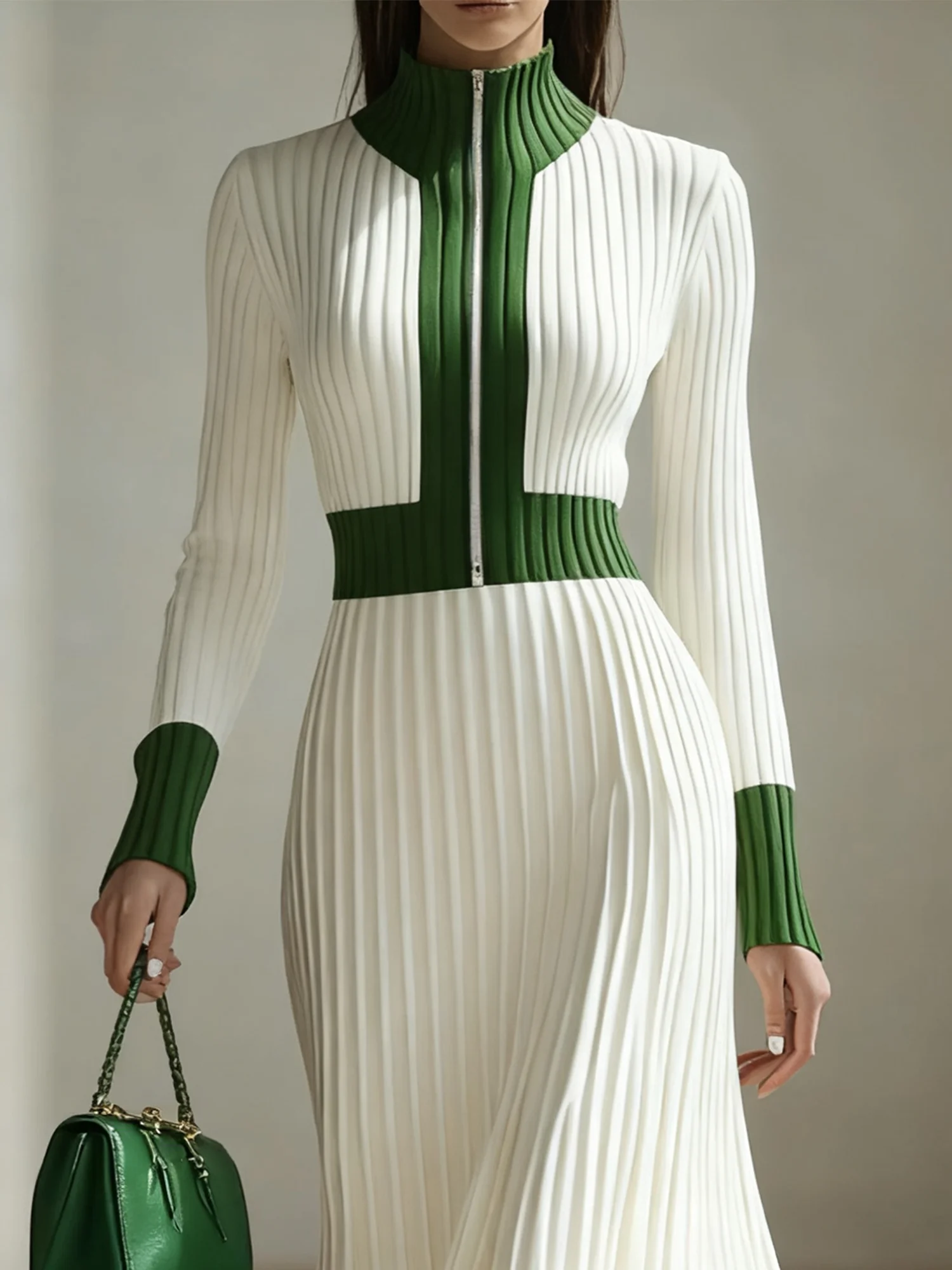 Elegant Farbblock Mock Neck Maxikleid