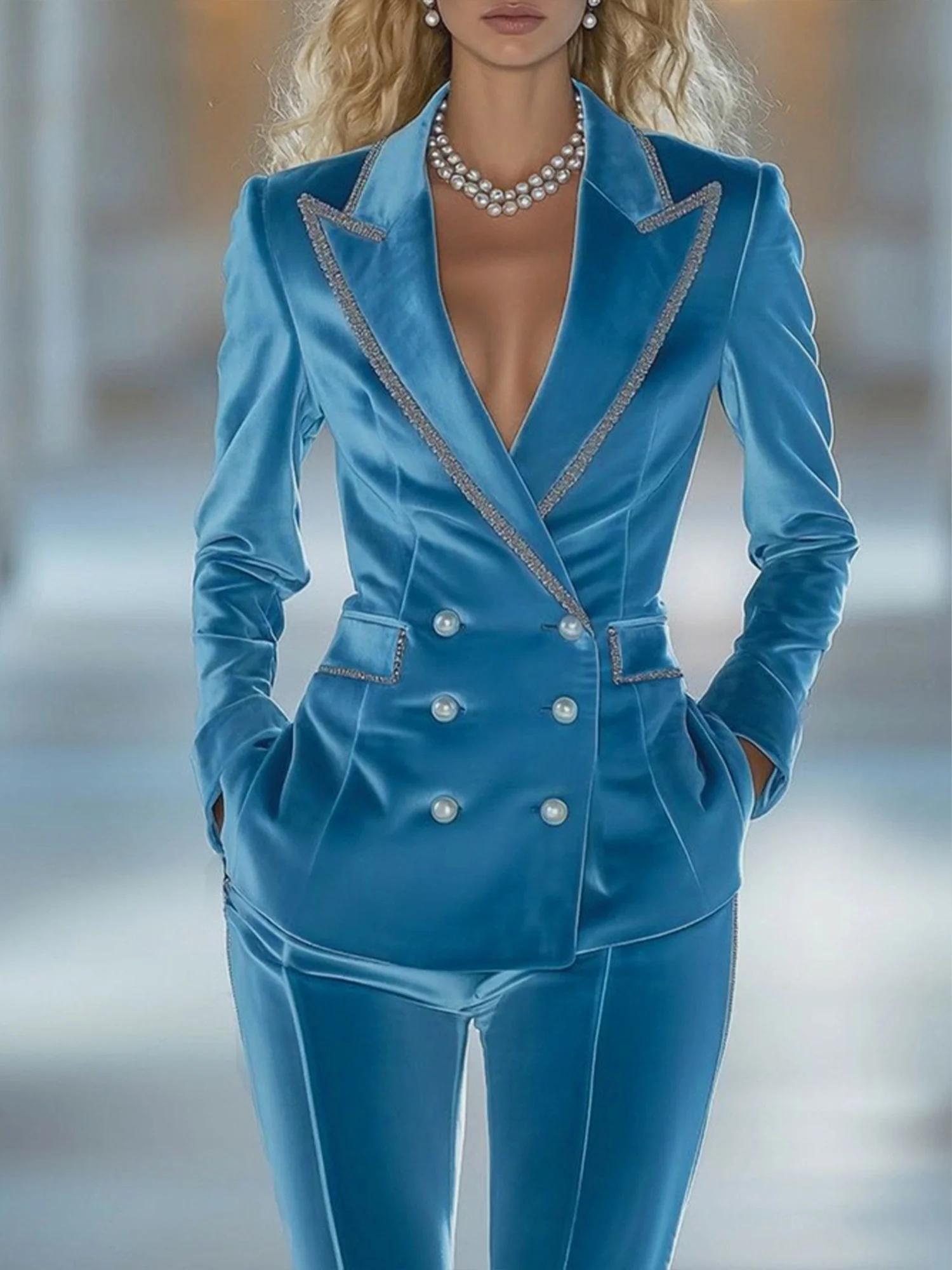 Elegant Reverskragen Samt Geknöpft Rohrleitungen Unifarben Blazer