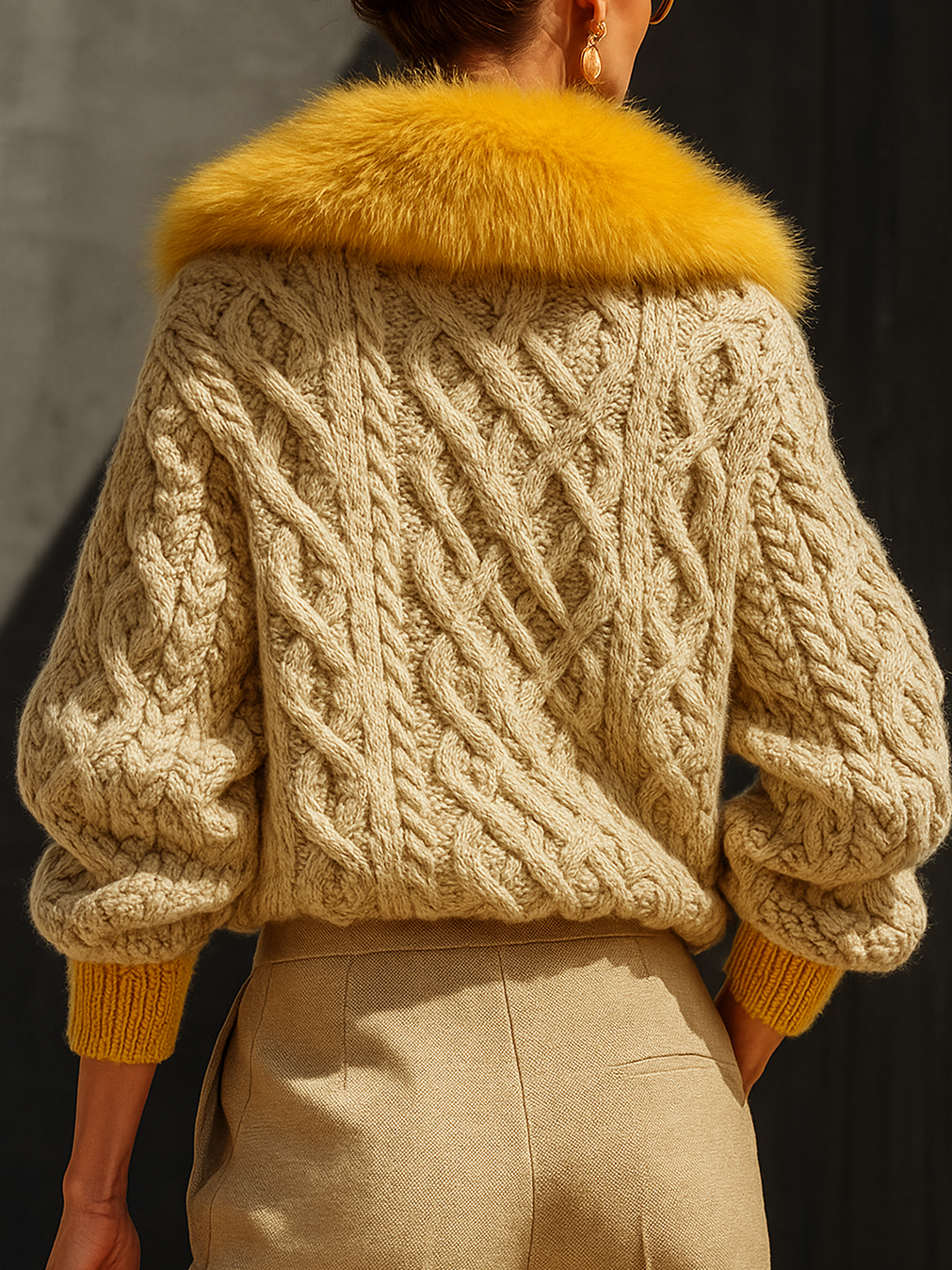 Urban Farbblock Geknöpft Pelzkragen Strickjacke