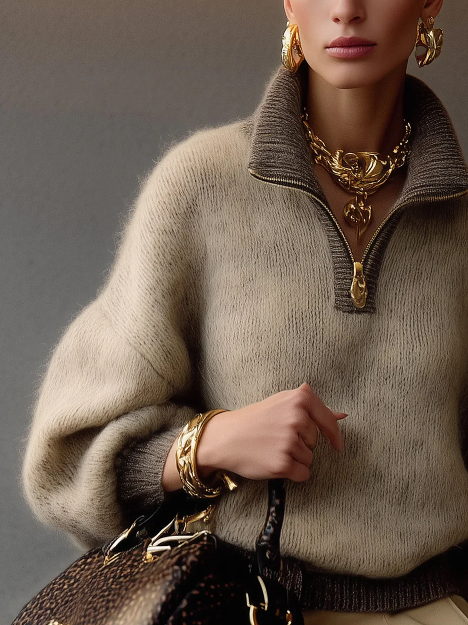 Lässig Unifarben Reißverschluss Mock Neck Raglanärmel Pullover