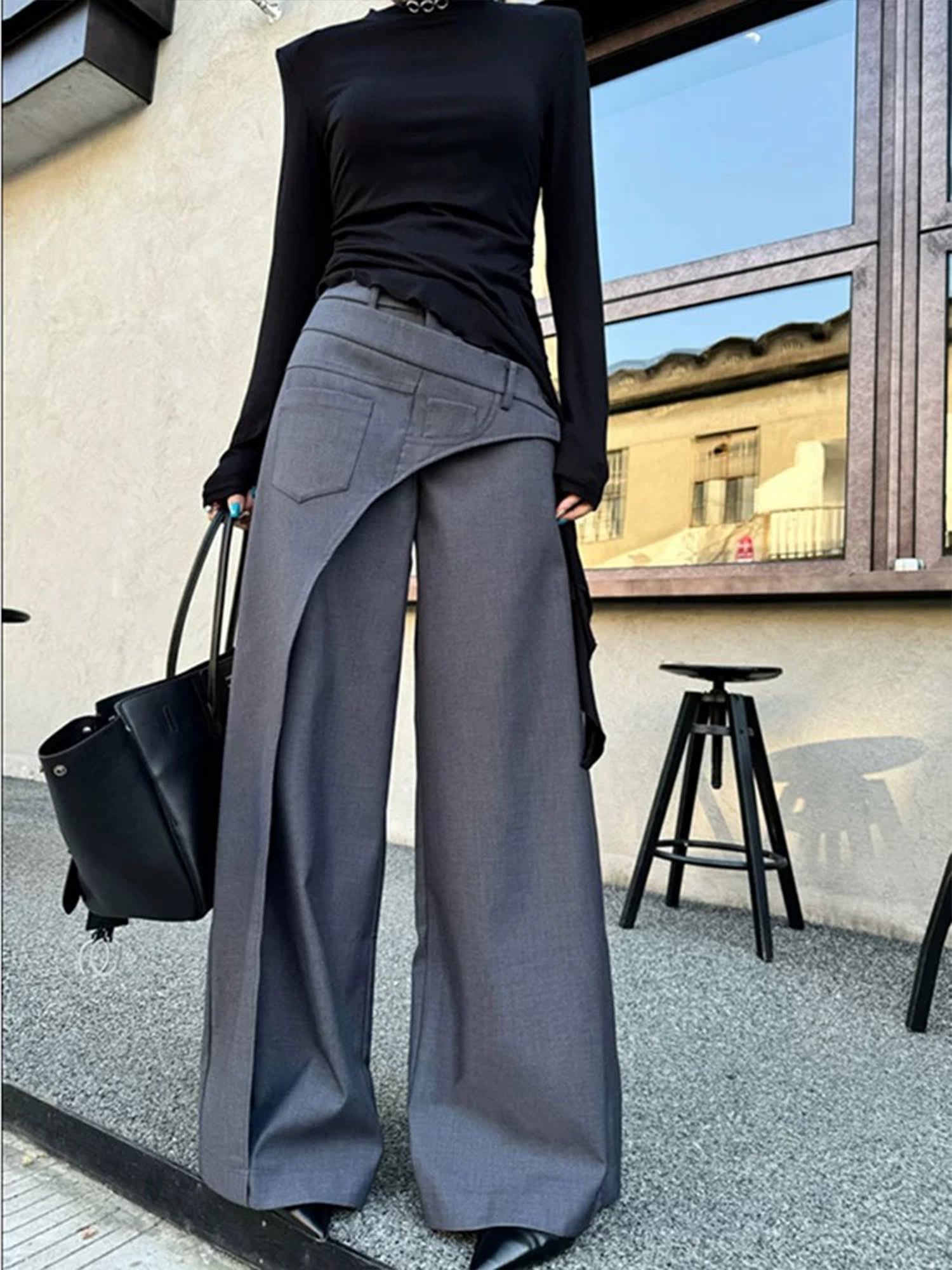 Urban Unifarben Falten Hose mit Weitem Bein