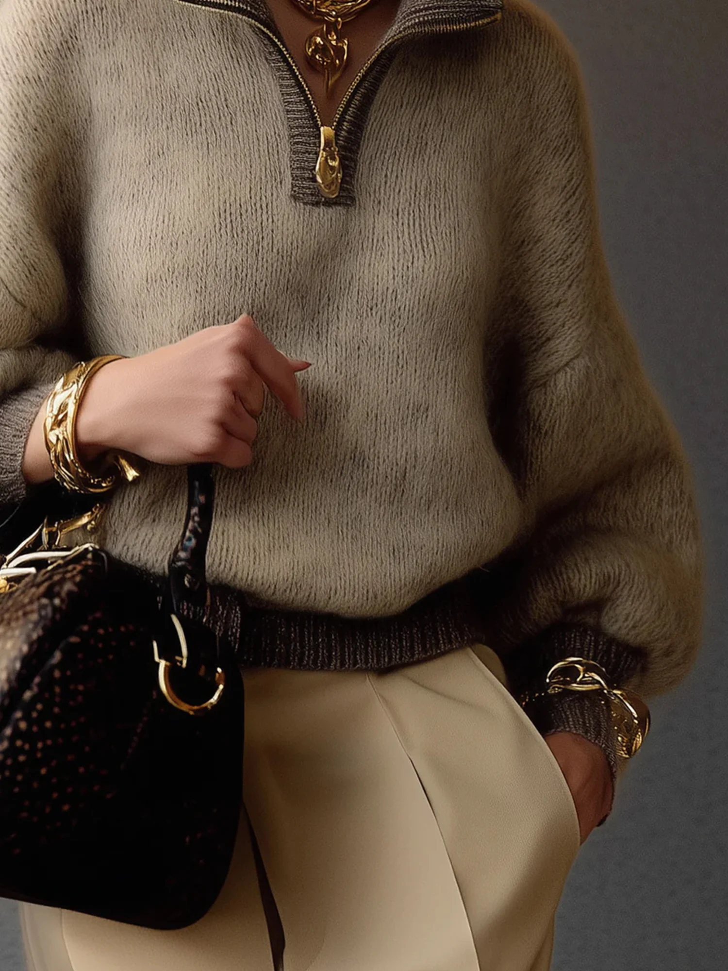 Lässig Unifarben Reißverschluss Mock Neck Raglanärmel Pullover