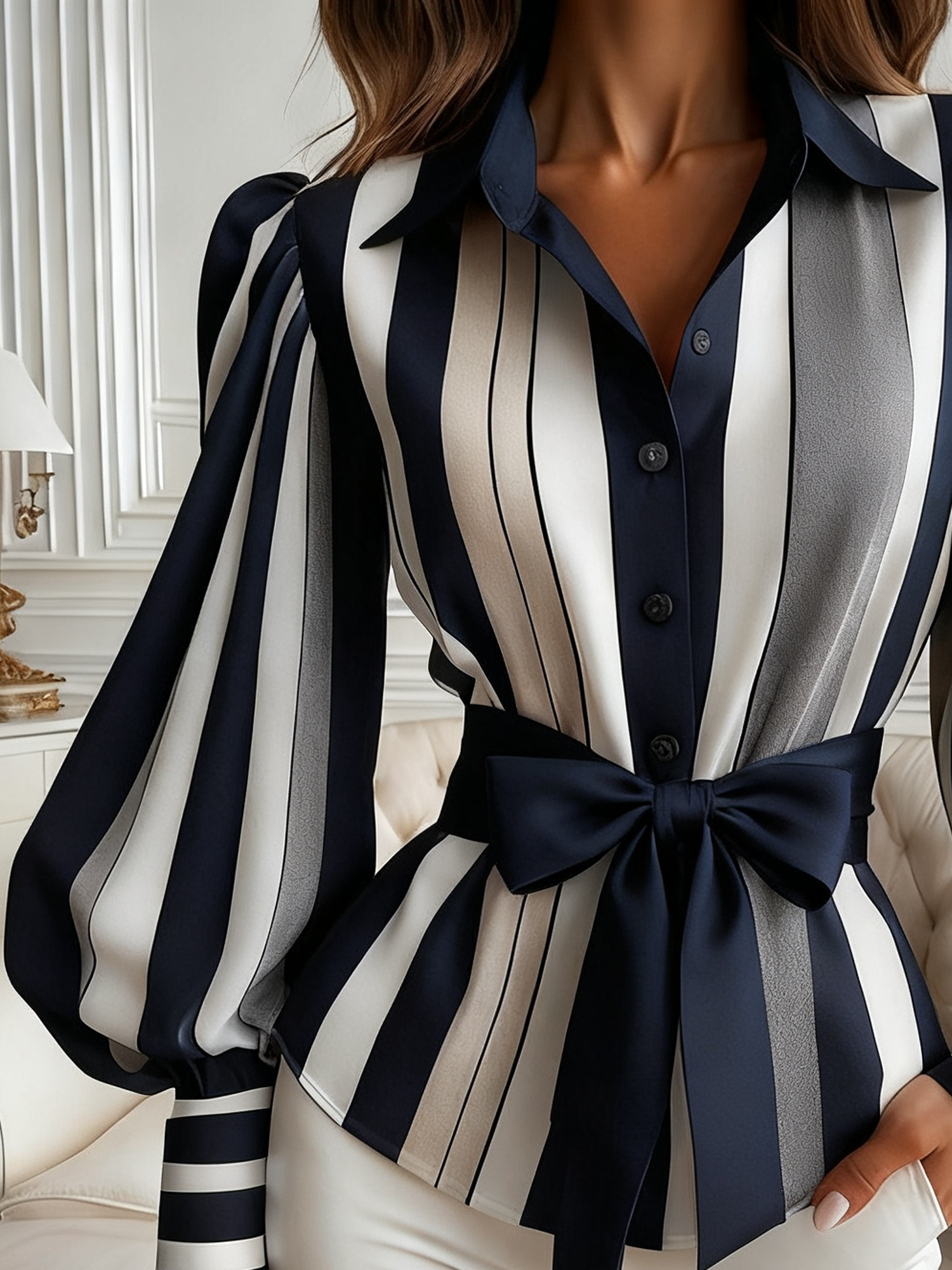 Urban Gestreift Print Hemdkragen Ballon-Ärmel Bluse Gürtel