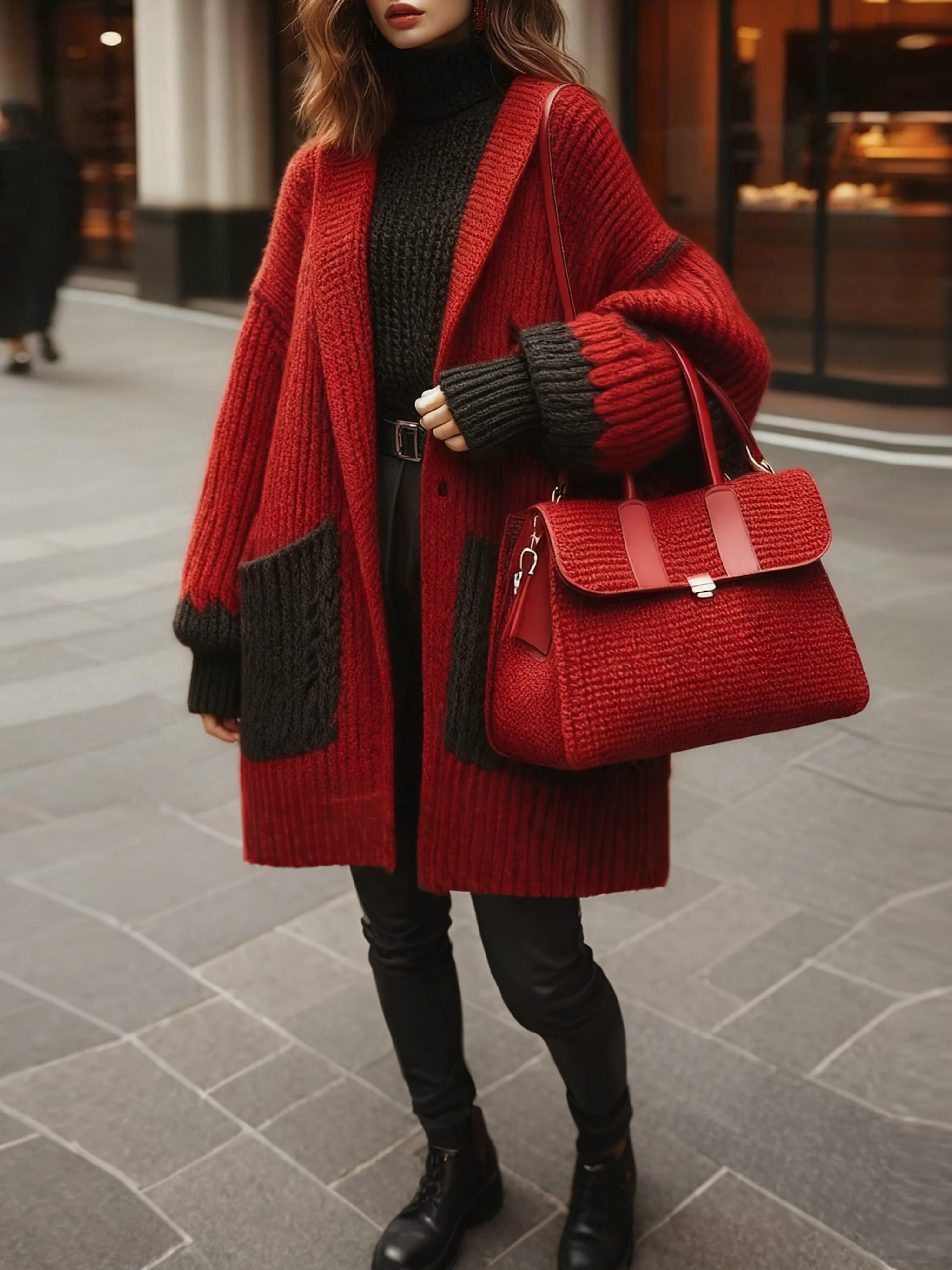 Garn/Wollgarn Urban Farbblock Geknöpft Kreuzhals Strickjacke