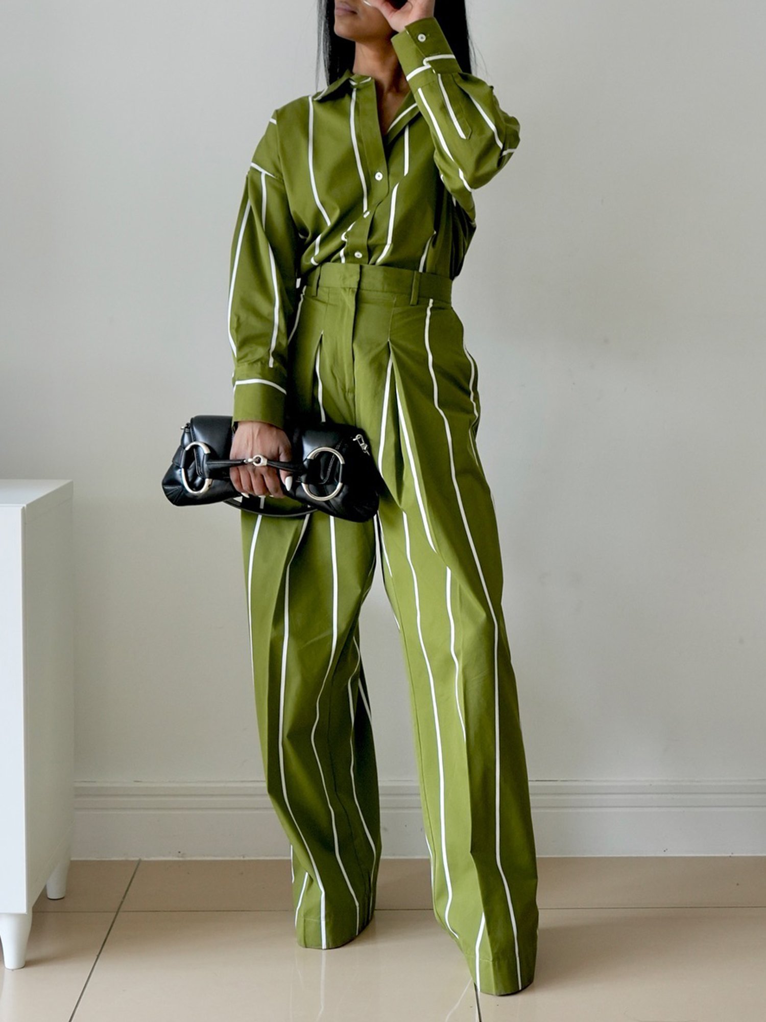 Lässig Gestreift Print Hemdkragen Bluse