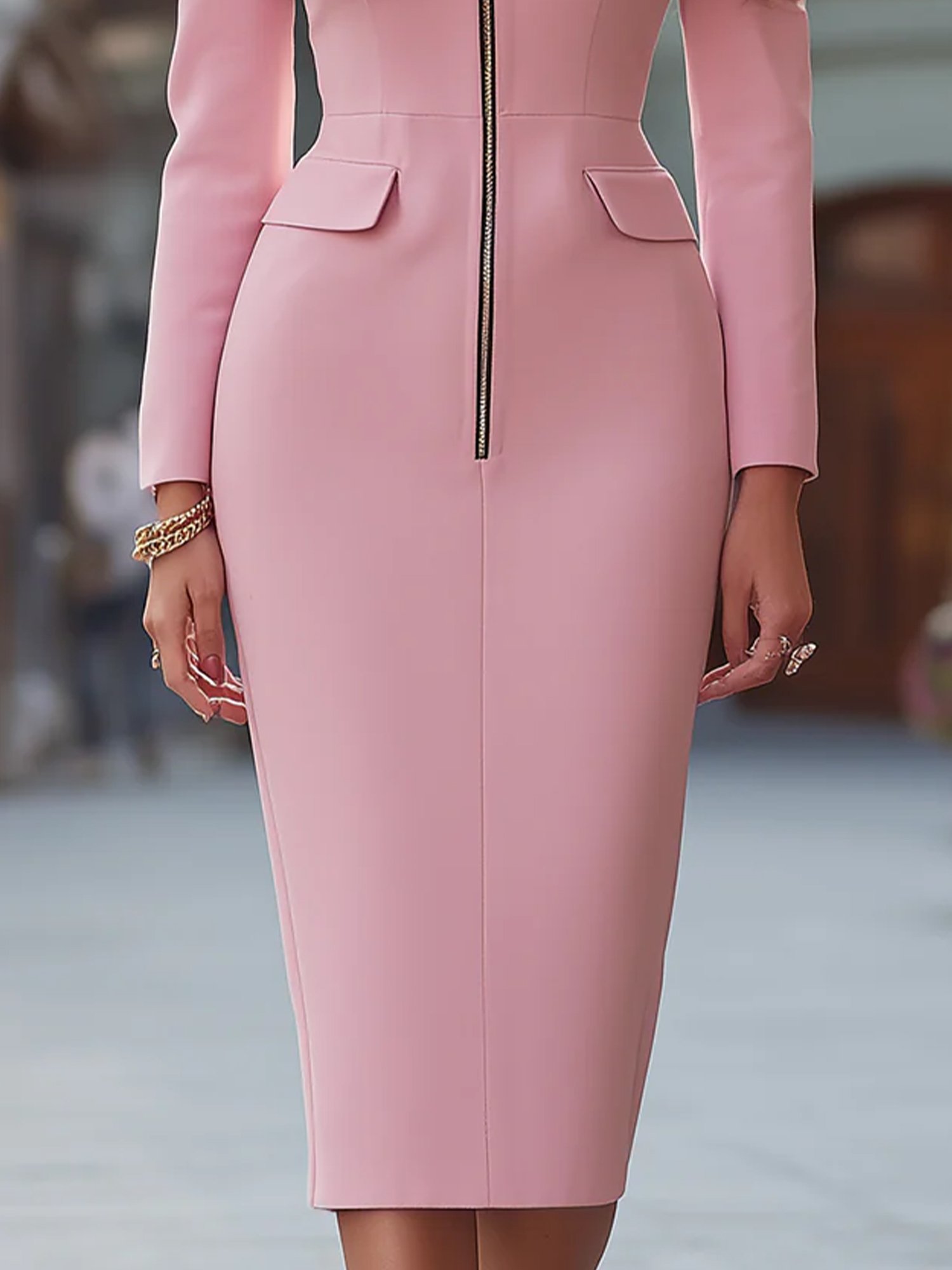 Urban Unifarben Normale Ärmel Reißverschluss Rundhals Midikleid