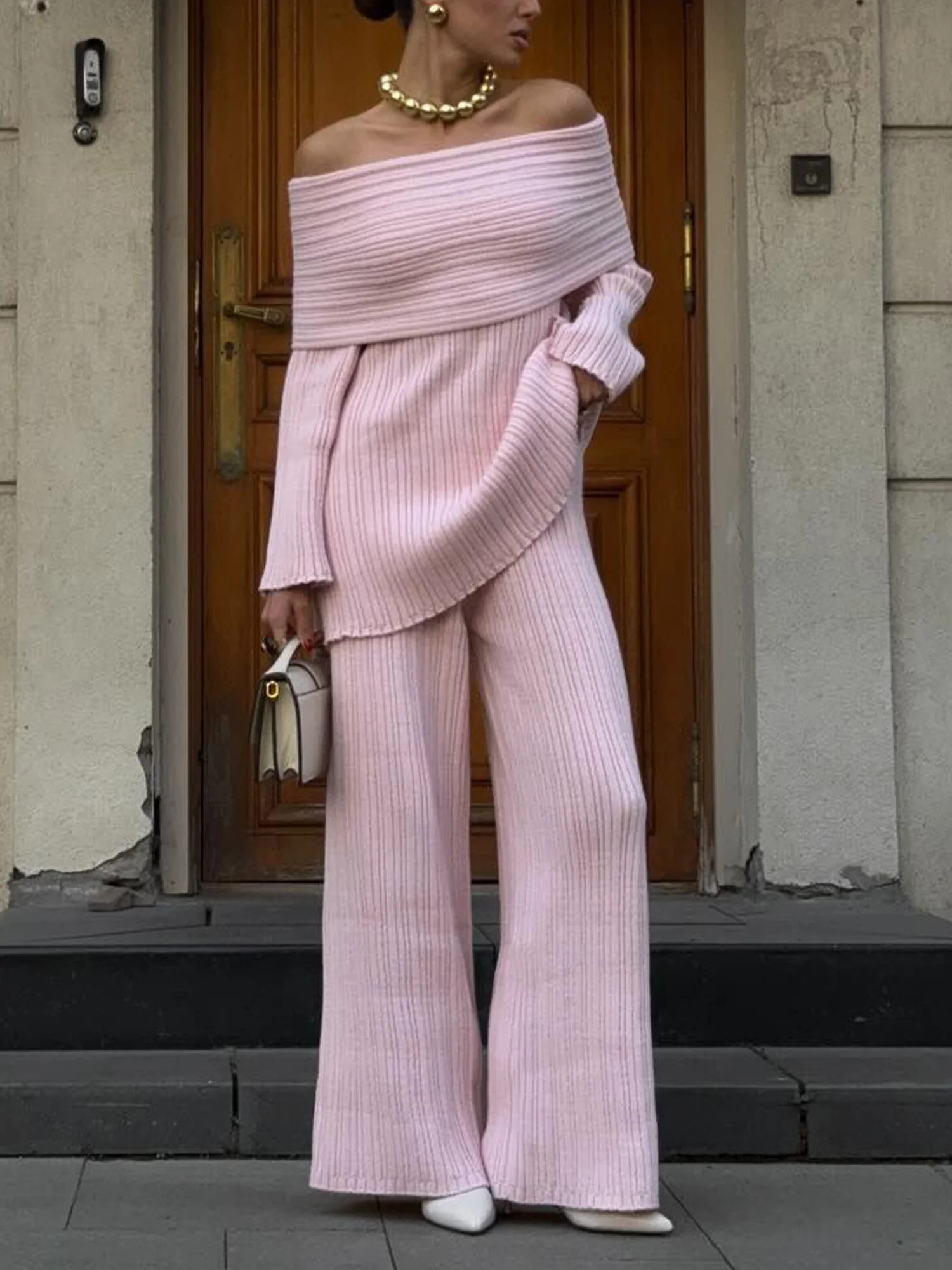 Elegant Unifarben Schulterfrei Pullover