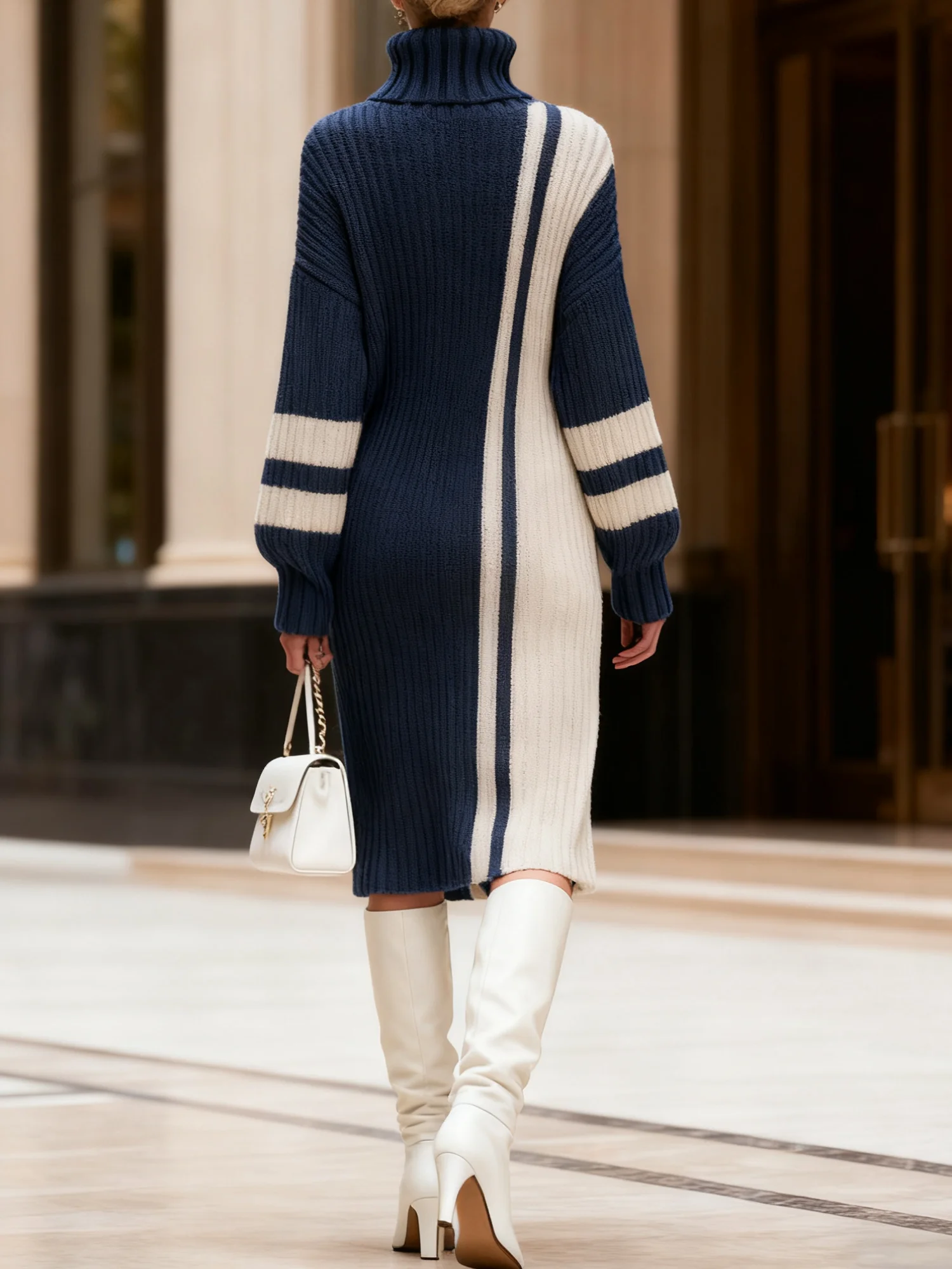 Lässig Farbblock Rollkragen Knielänge Strickkleid