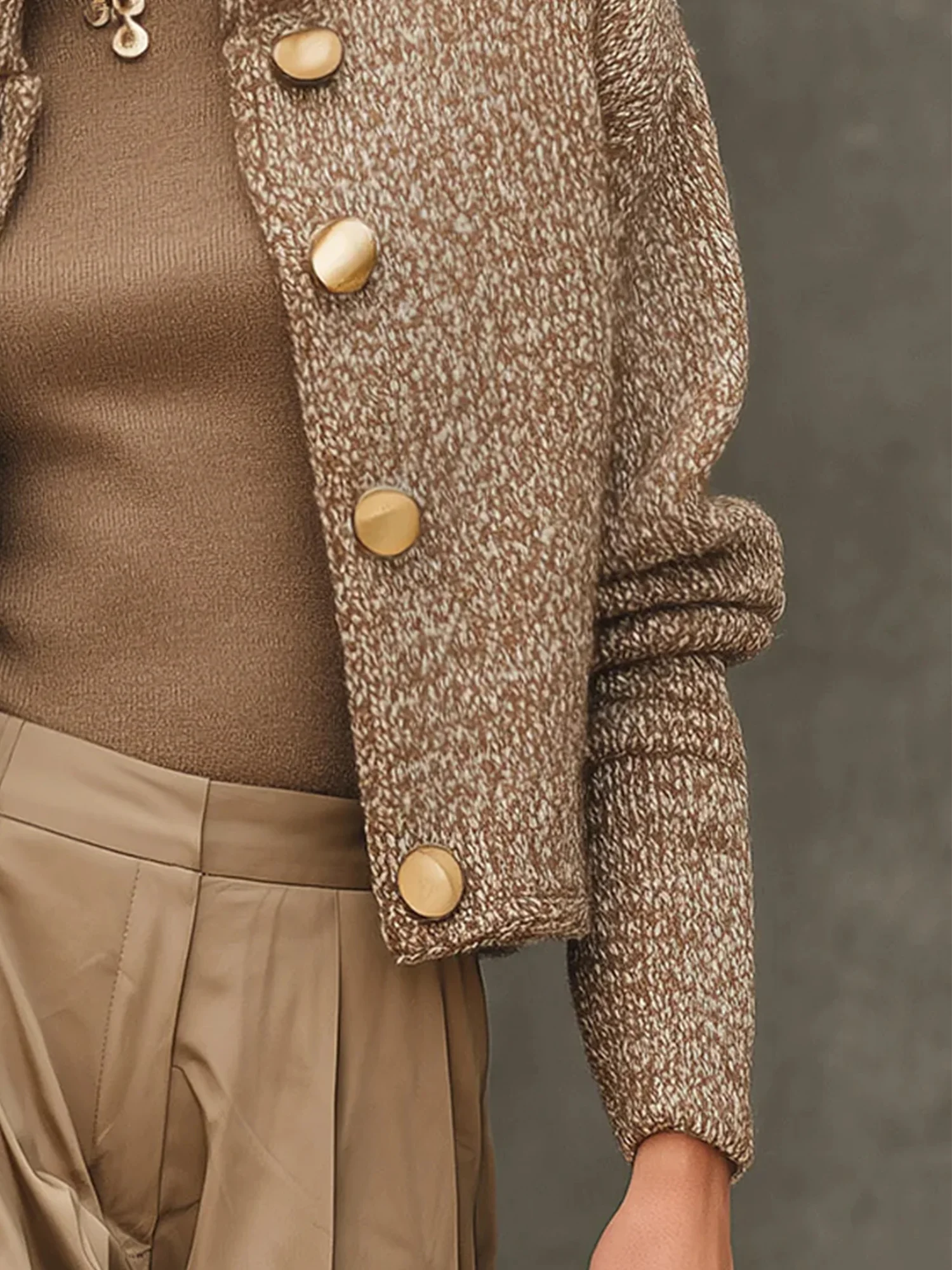 Lässig Unifarben Geknöpft Stehkragen Pullover Strickjacke