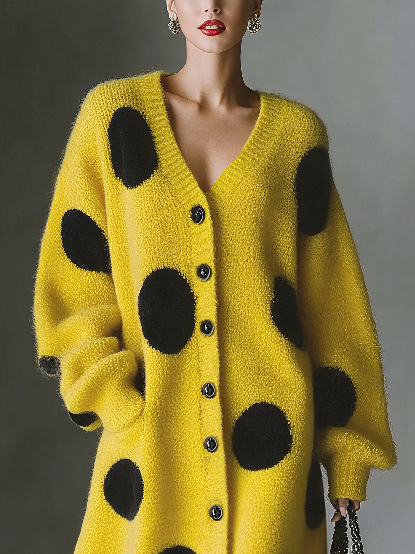 Urban Polka Dots Geknöpft V-Ausschnitt Pullover Midikleid