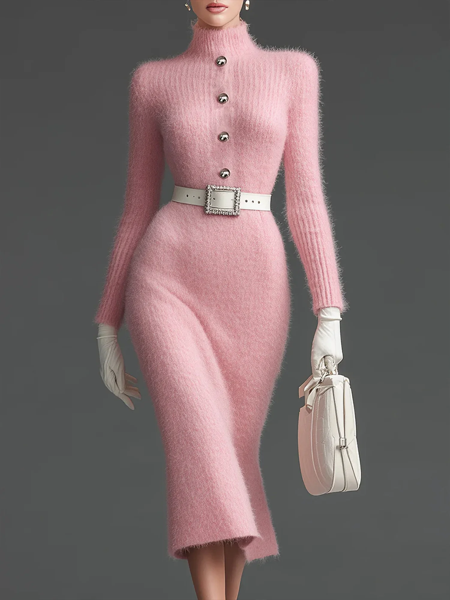 Elegant Unifarben Geknöpft Rollkragen Pullover Knielänge Kleid mit Gürtel