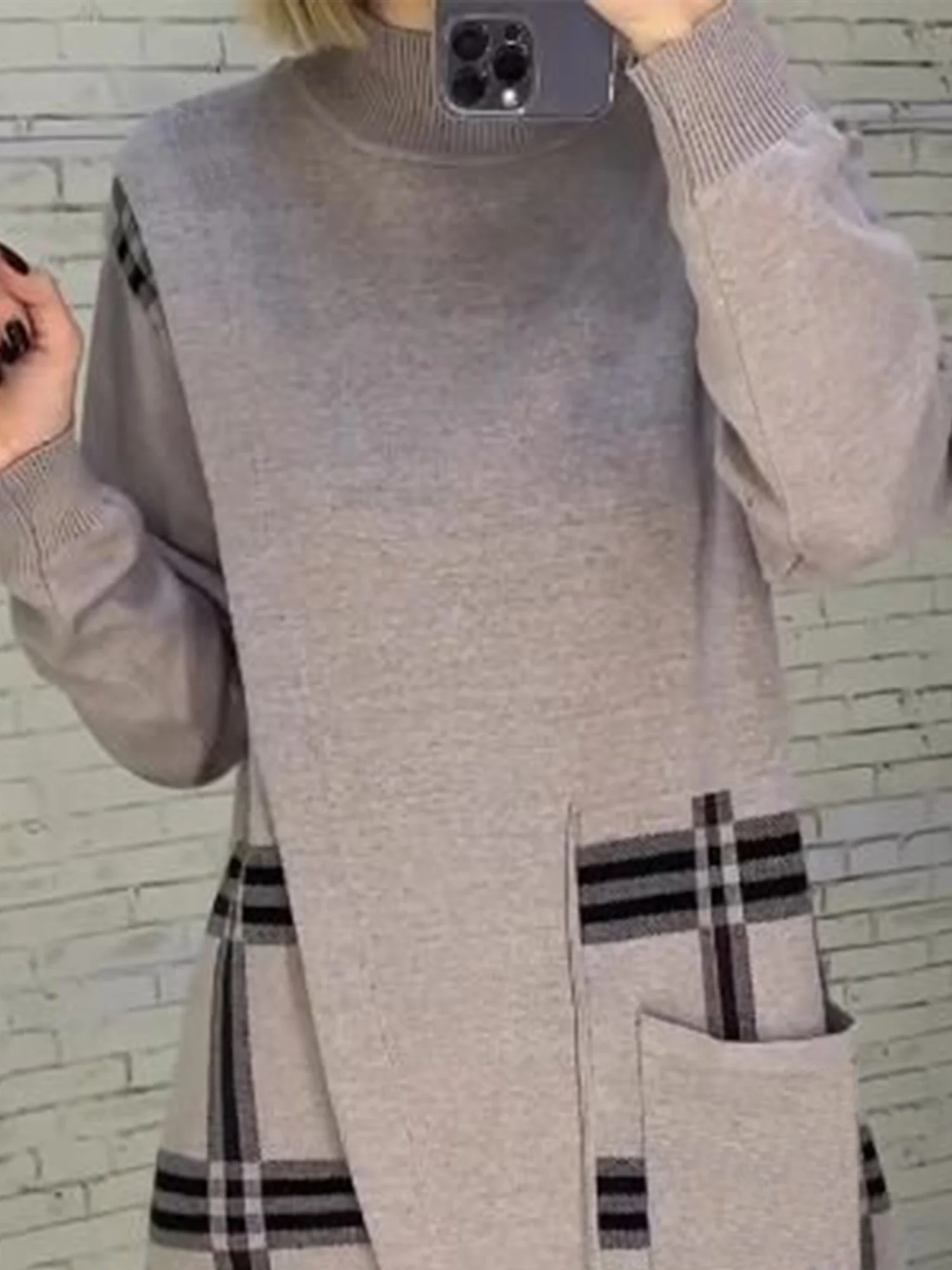 Lässig Kariert Asymmetrisch Mock Neck Pullover Knielänge Kleid