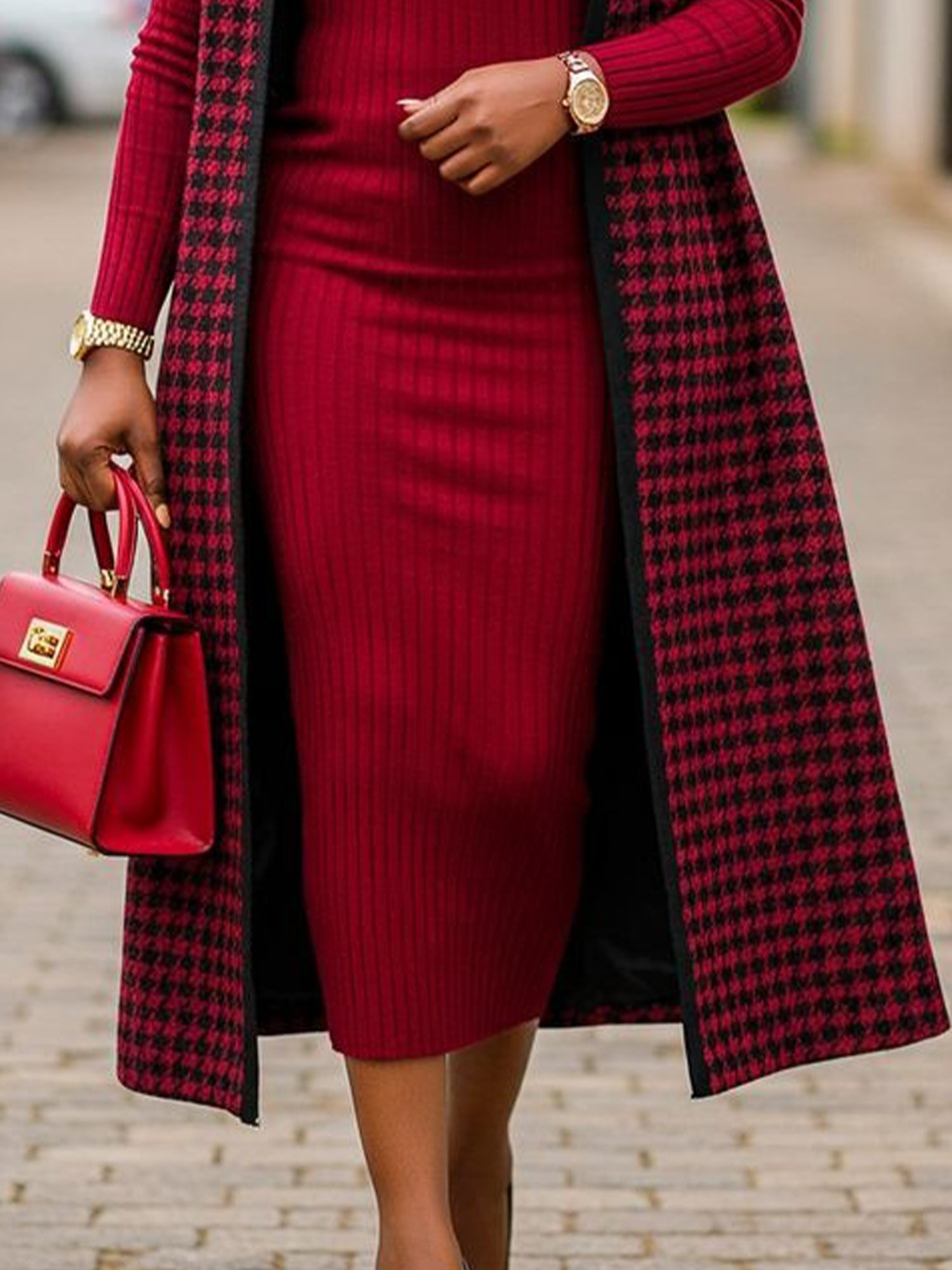 Urban Hahnentritt Ärmellos Pullover Strickjacke