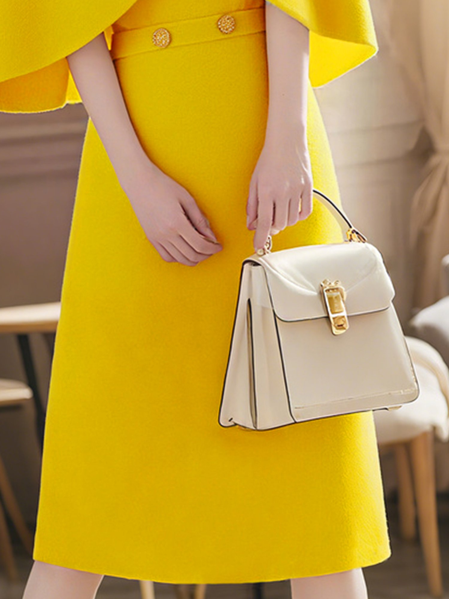 Elegant Unifarben Geknöpft Stehkragen Knielänge Strickkleid Mit Brosche